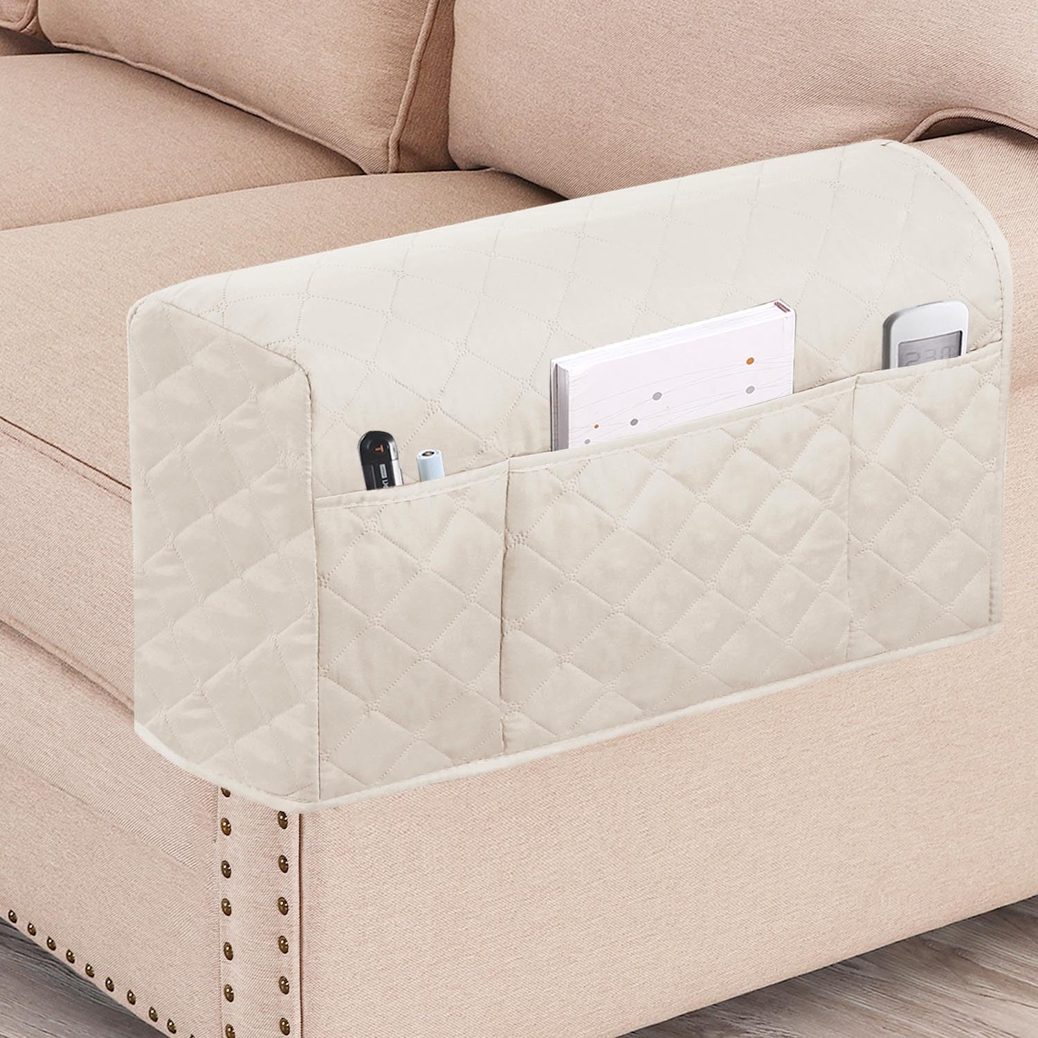 Waterproof Armrest Covers for Armchairs and Sofas Couch Arm Covers for Sofa 2 Pack with Side Pocket Non Slip Furniture Protector Slipcover (Ivory)