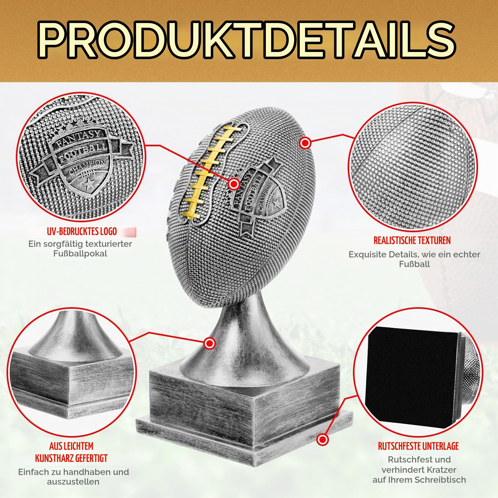 Wiwiqing Silver Fantasy Football Champion Trophäe, 30,5 cm, Winner Glory Award, Feiern Sie das Spiel Gewinner Touchdown oder Playoff Win Championship