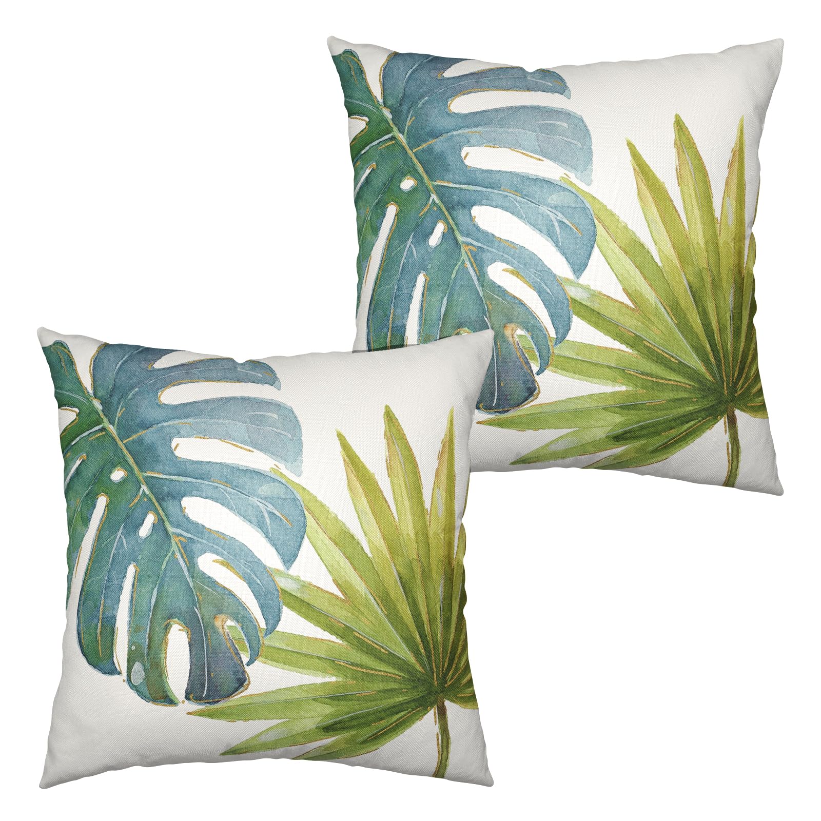 Kwlegh Summer Tropical Leaves Pillow Covers 18x18 Set of 2 Monstera Green Palm Leaf Couch Decorative Pillow Case Botanical Plant Outdoor Cushion Covers for Patio Bedroom Living Room
