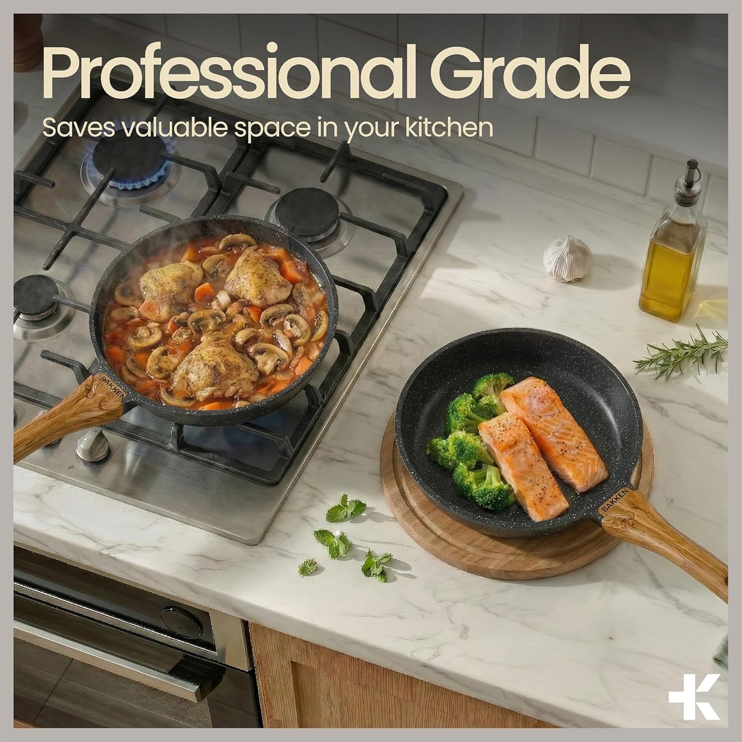 Bakken Master 20 Piece Cookware Set - Pots and Pans with Handle Grips and Tempered Glass Lids, With 6-piece Bakeware Set, Nonstick Granite Coating, Ceramic Max Temperature (Up To 500°F), Marble Color