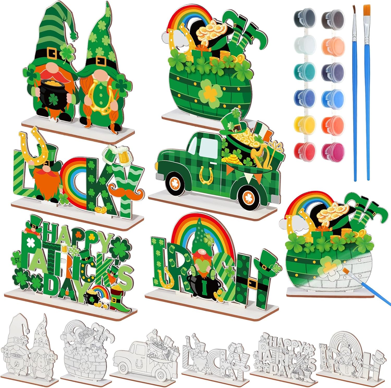 Colingmill 24 Sets St. Patrick's Crafts Color Your Own Wooden Lucky Shamrock Leprechaun Table Decor DIY St. Patrick's Crafts for Irish DIY Holiday Party Supplies
