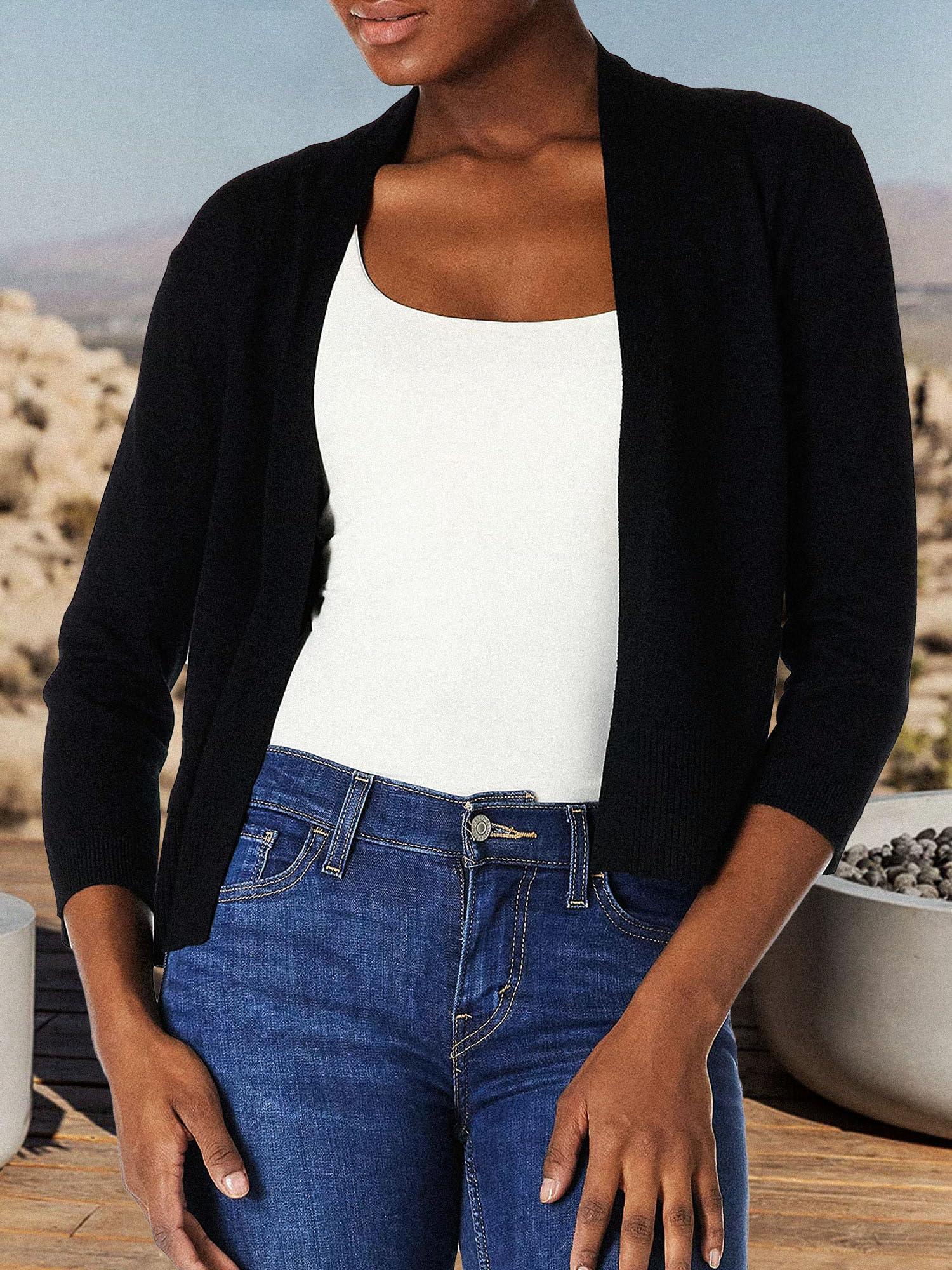 Women's 3/4 Sleeve Cardigan Knit Sweaters Cropped Open Front Shrug
