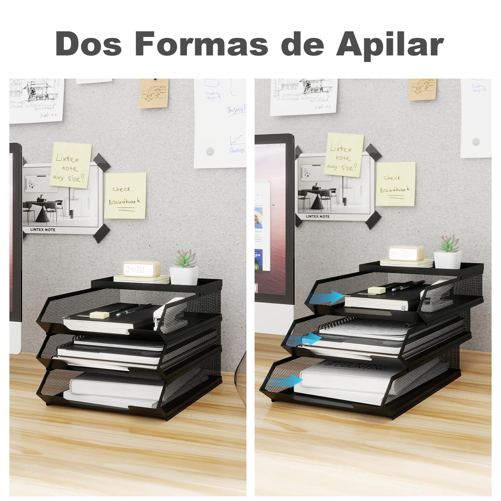 PUNCIA Bandejas Apilables 3 Niveles de Oficina Bandeja Metálica para Documentos A4 Organizador Escritorio de Papeles Archivador Clasificador con Bandejita Superior Negro
