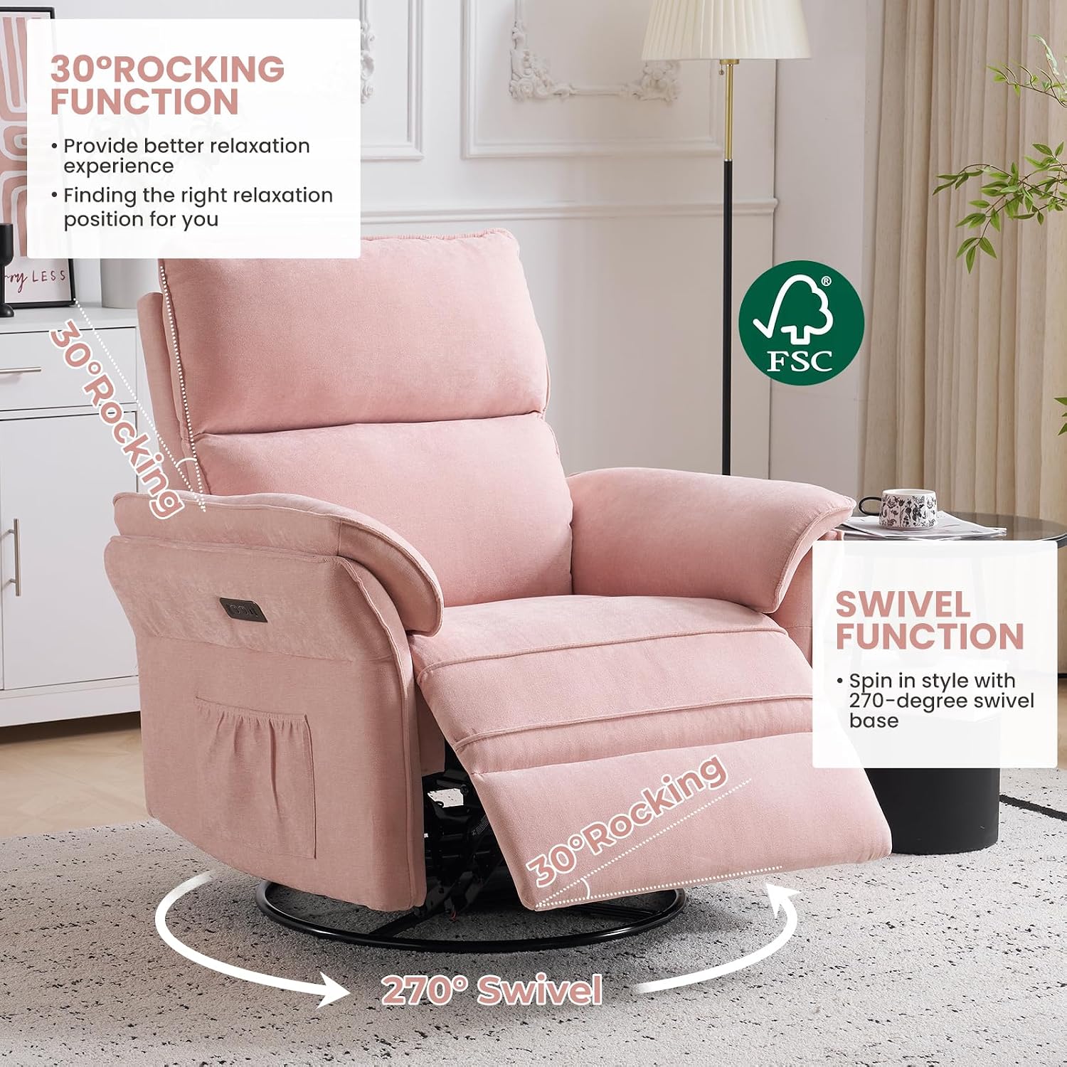 Power Nursery Rocking Chair with Massage and Heat,Swivel Rocker Recliner with Adjustable Headrest,Glider Recliner Nursery Chair for Breastfeeding,Nursery Rocker Recliner for Living Room,Pink