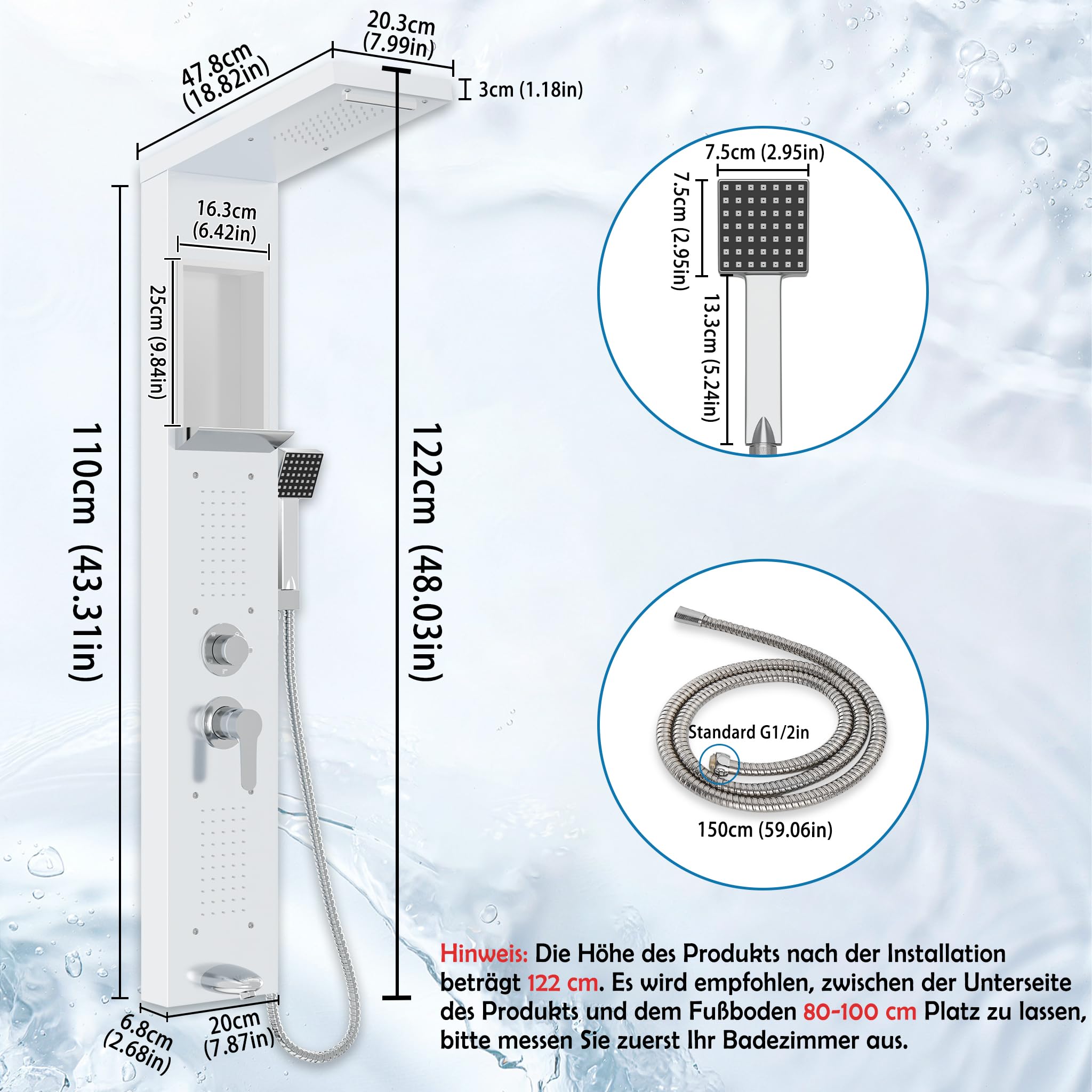 Froadp Kit Doccia a Pioggia in Acciaio Inox, 5 Funzioni, Montaggio a Parete, Set Doccia Completo (Bianco)