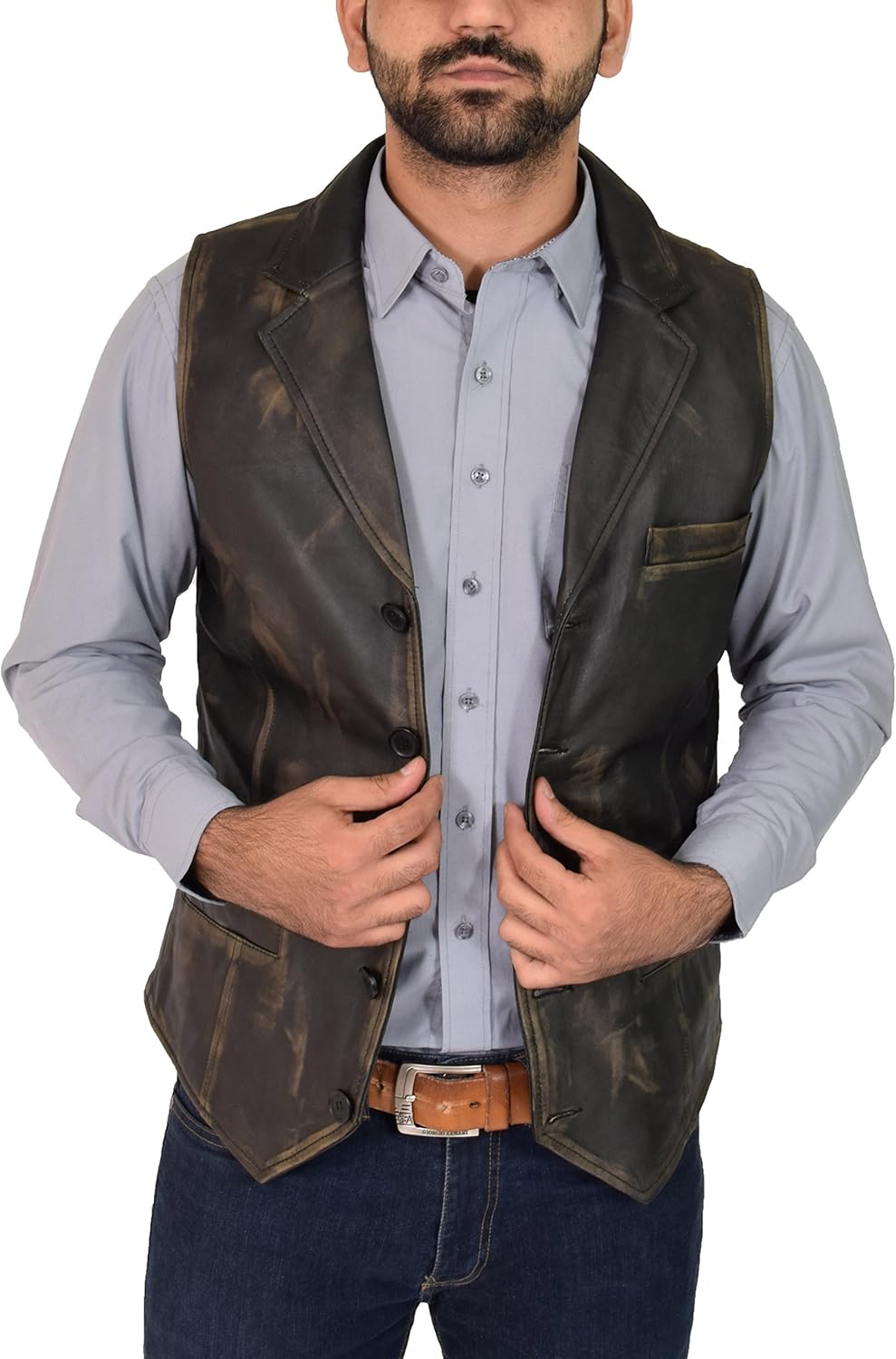 Mens Genuine Vintage Rub Off Soft Leather Revere Collar Western Waistcoat - Rhys