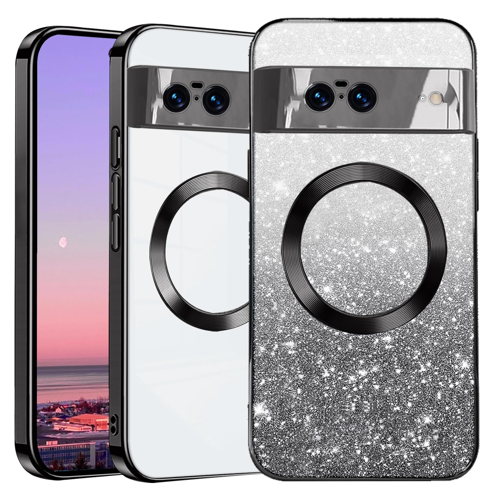 Kainevy Phone Case for Google Pixel 8 Compatible with MagSafe Clear Glitter Silicone Cover with Camera Lens Protector, Cute Slim Magnetic Bling