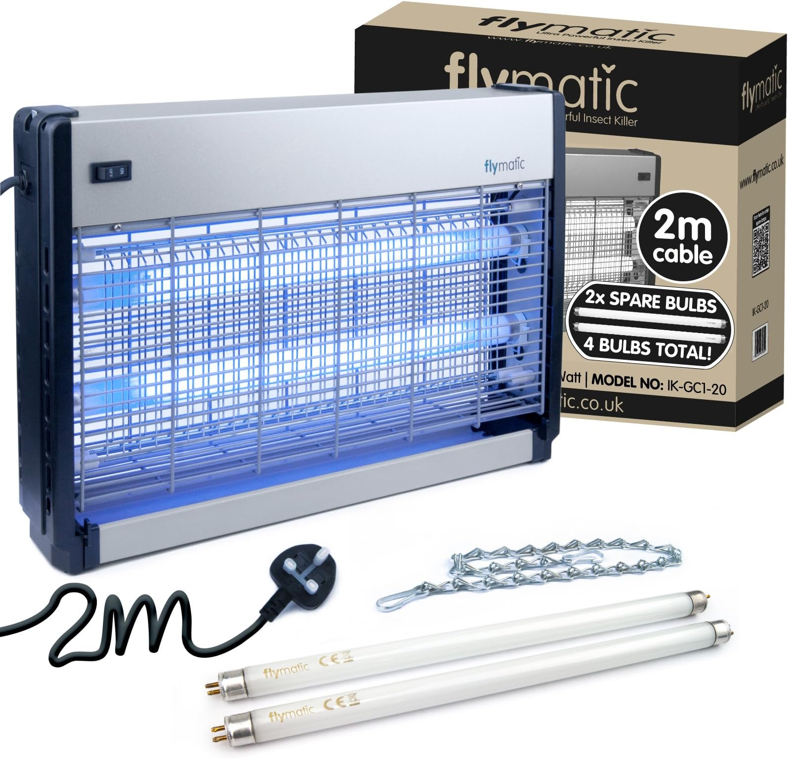 Flymatic Professional Insect Fly-Electronic, UV-Very Effective (20W (2x10W), Silver