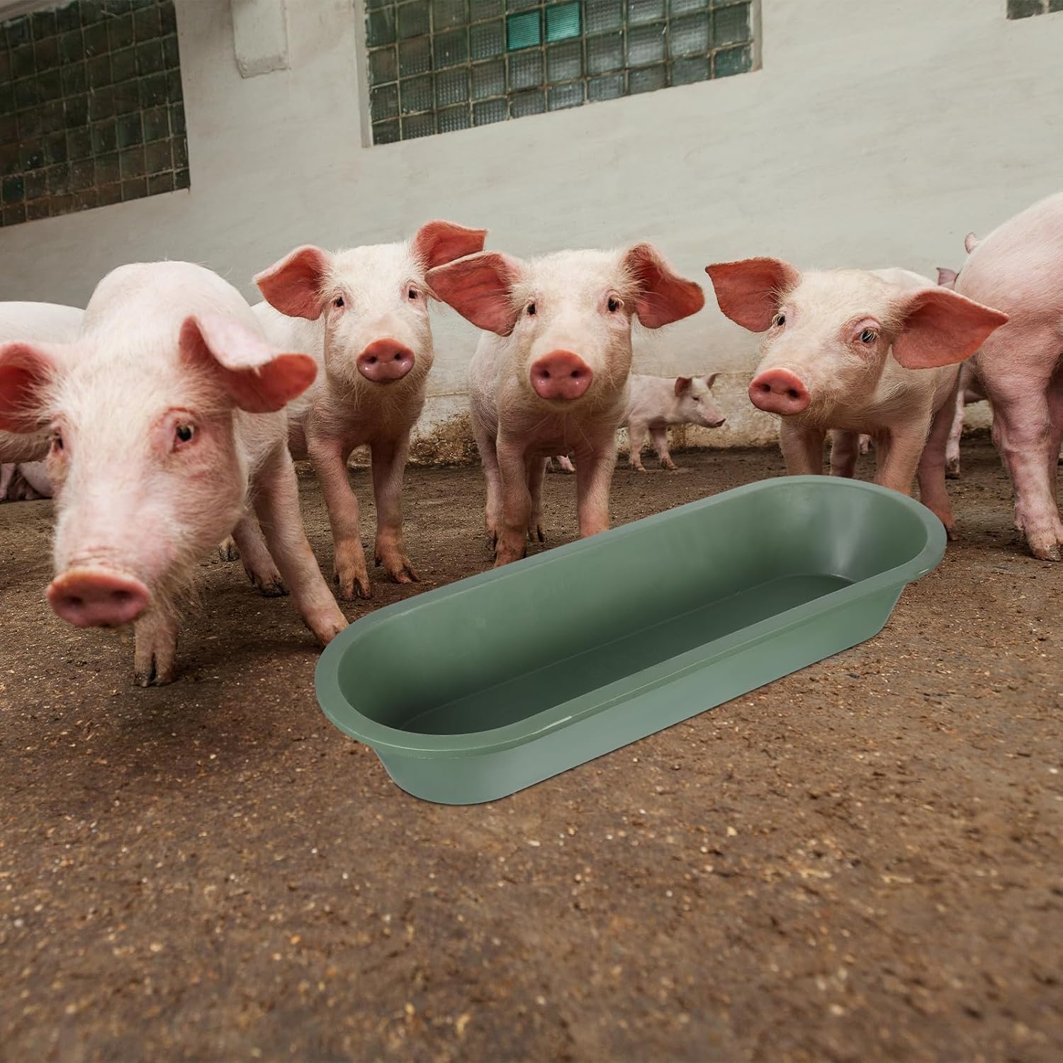 Milisten Feeding Trough: Heavy-Duty Oval Livestock Feed and Water Container - Thickened Plastic Feeder for Pigs, Goats, Sheep, Cows, Chickens, Ducks, Olive Green