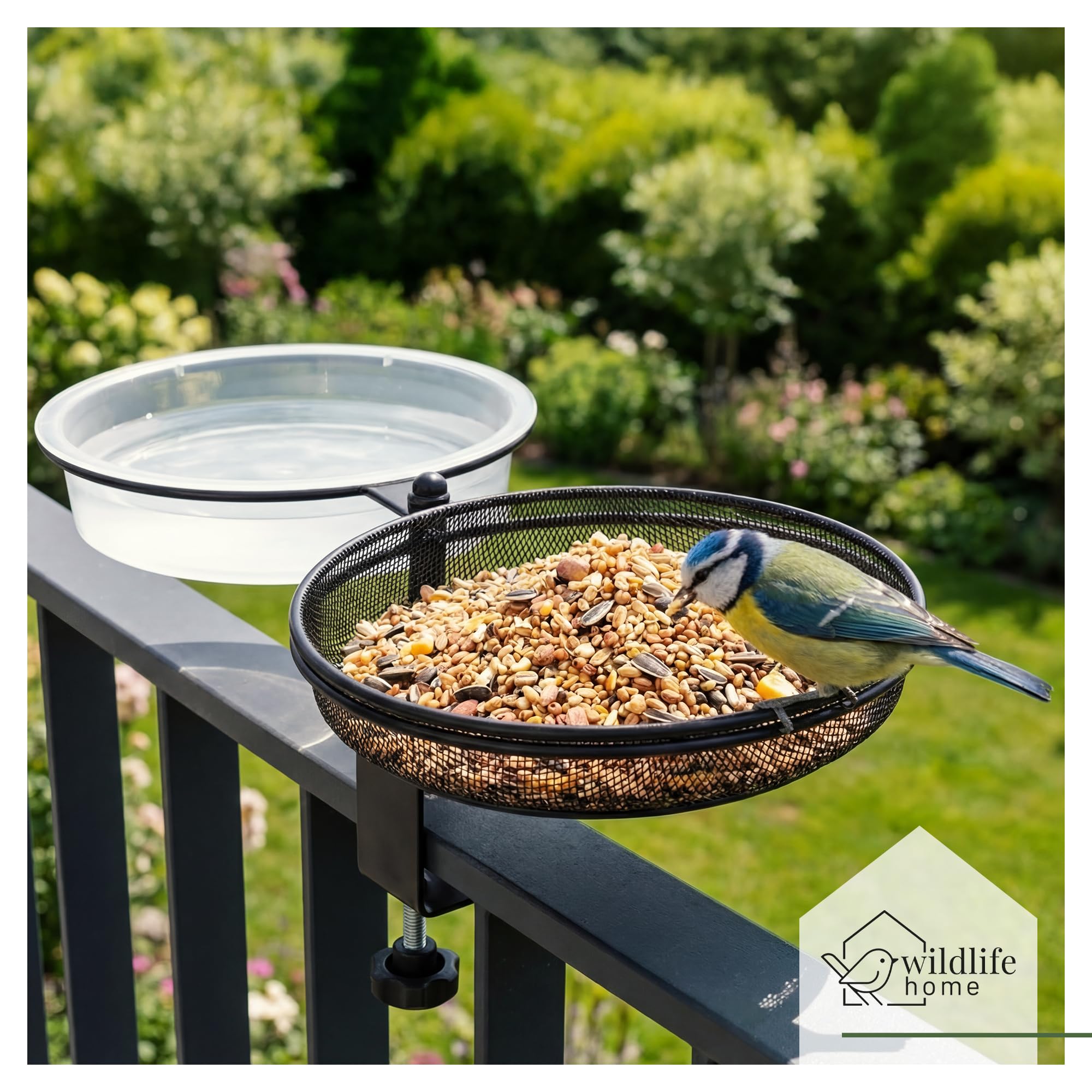WILDLIFE HOME Comedero para pájaros con bebedero para pájaros para colgar balcón, bebedero para pájaros 2 en 1 con comedero, estación de alimentación para pájaros silvestres con soporte de metal para