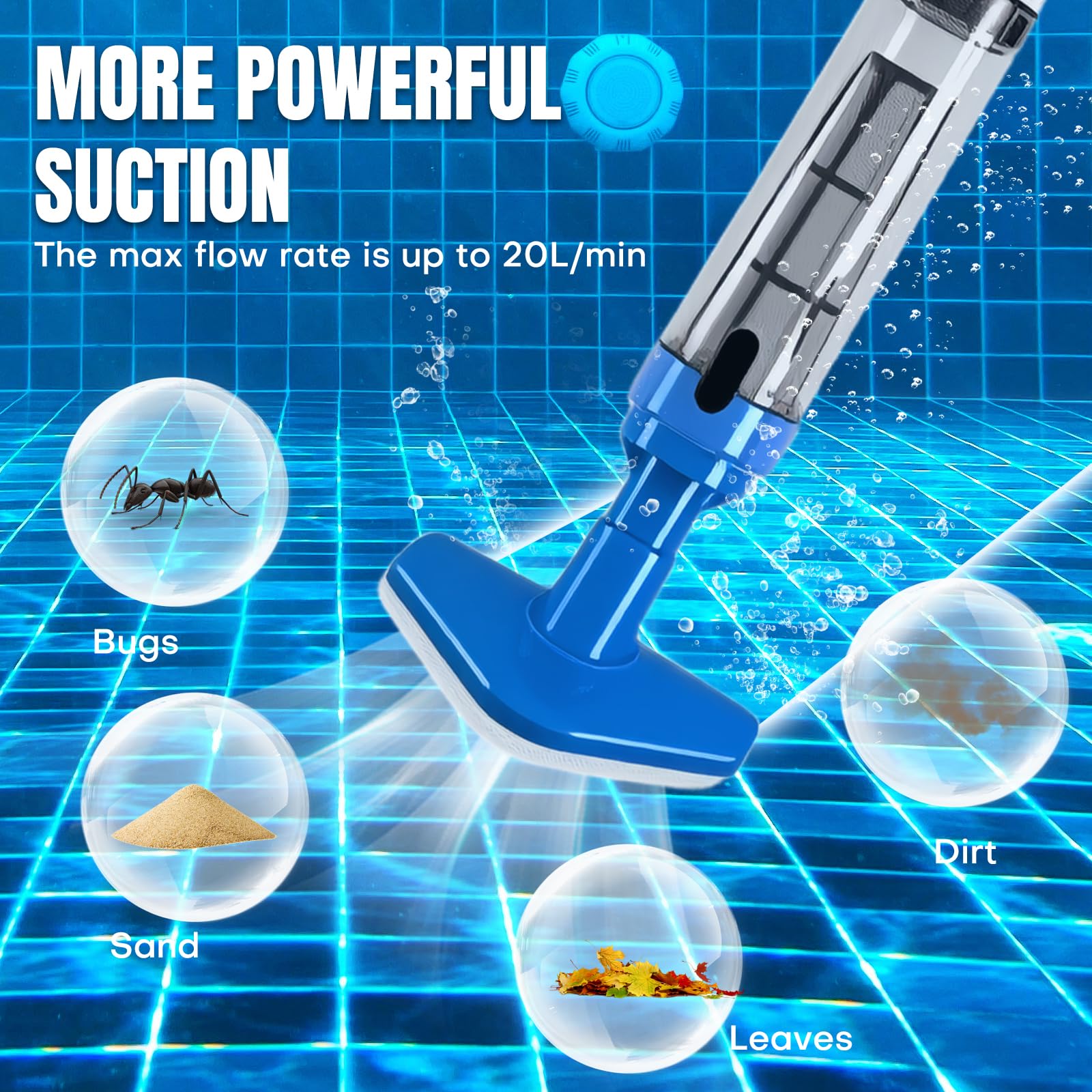 Bostar Aspirateur de Piscine sans Fil 3 en 1, 20L/Min, avec Manche Télescopique, Nettoyeur de Piscine Batterie