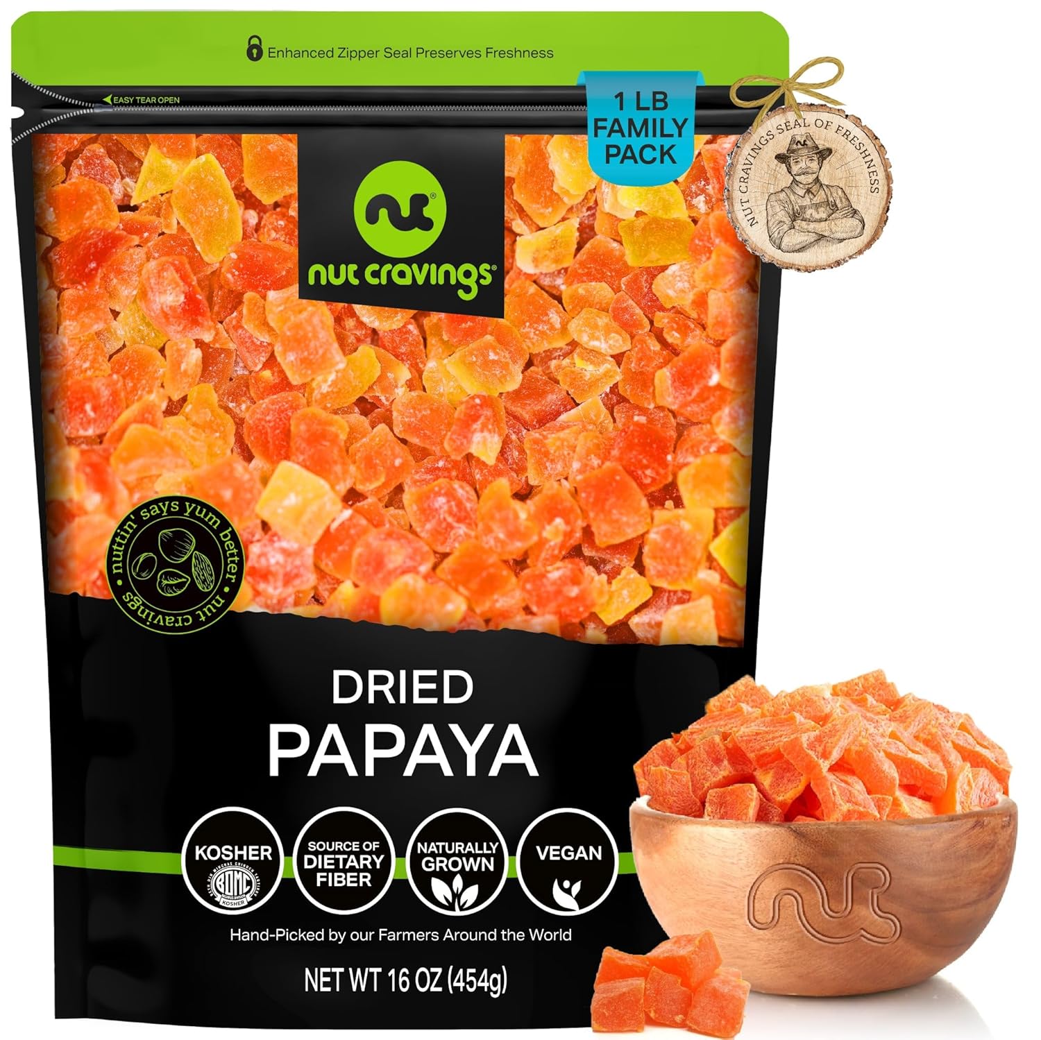 NutCravings Dried Papaya Chunks Lightly Sweetened 1lb - Vegan Kosher Healthy Snack Resealable Bag
