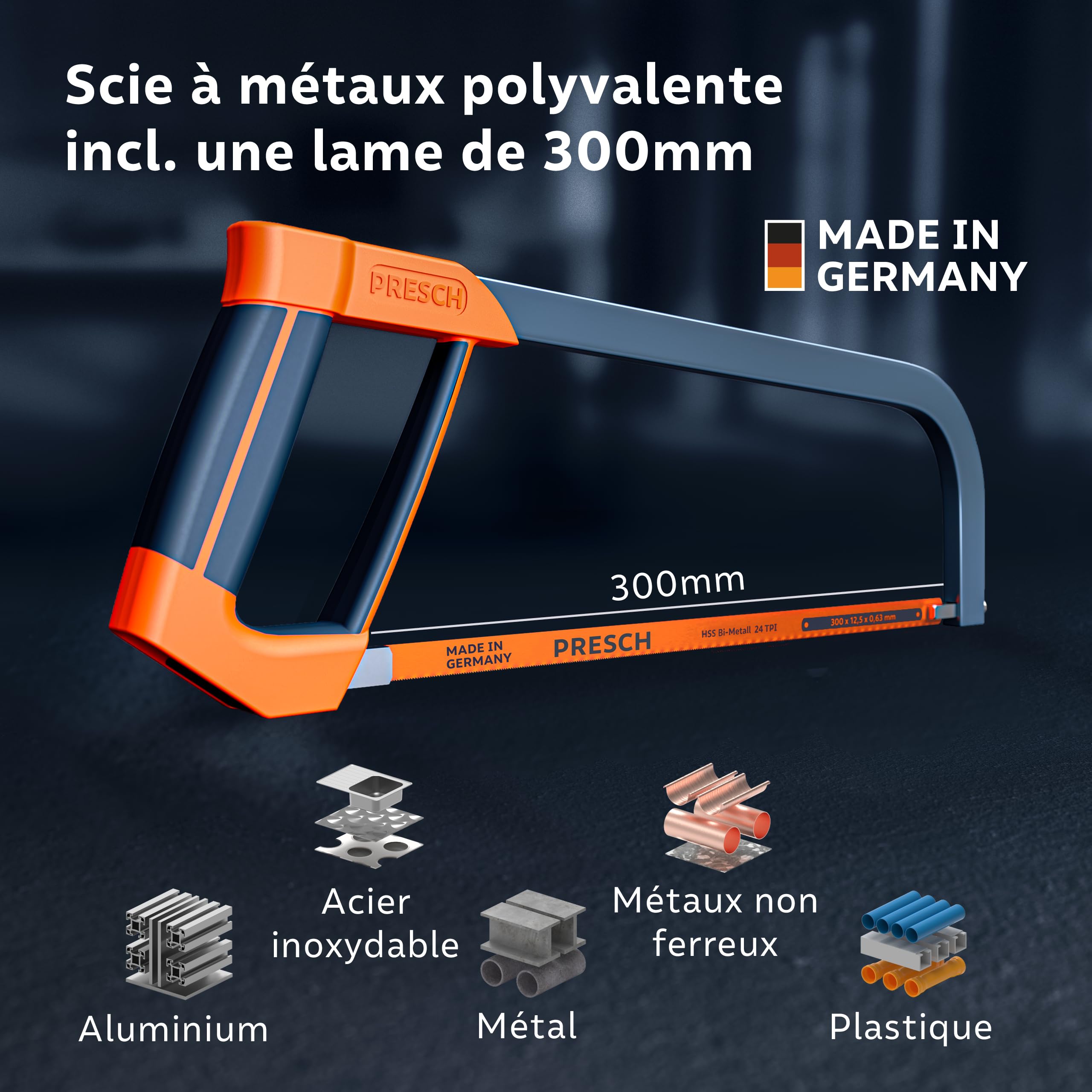 Presch Scie à métaux 300mm - Avec lame de scie BI-métal pour une coupe précise - Rotation de 90° de la lame de scie pour des coupes horizontales & verticales - Poignée avec clé de tension incluse