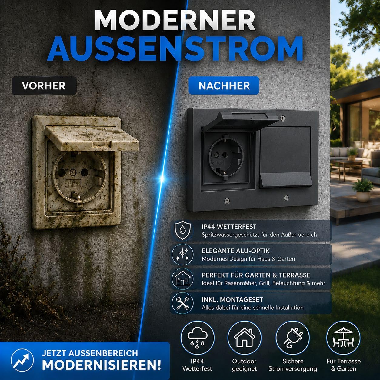 Gira TX 44 Außensteckdose 2-fach anthrazit IP44 mit Rahmen Dichtungsflansch Montageset Spannungsprüfer wetterfeste Unterputz Steckdose für Garten Terrasse Balkon Garage