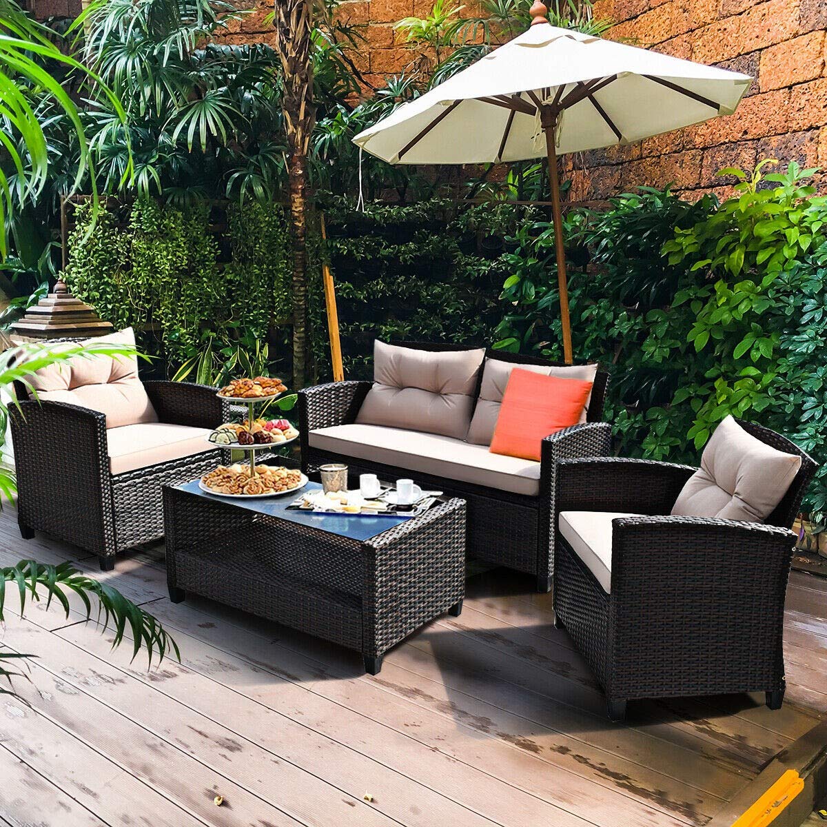 DEVOKO Outdoor Patio Sectional Sofa, Wicker Furniture Conversation Sets with Washable Cushions & Glass Center Table for Garden, Poolside, Backyard (Dark Brown & Cream)