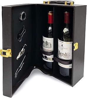 Elegant 2 Bottle Wine Box with Tools - in Black - Leather Bound with Carry Handle - Cork Screw, Pourer, Foil Cutter, Napkin/Drip Ring (Wine not Included) **Black**