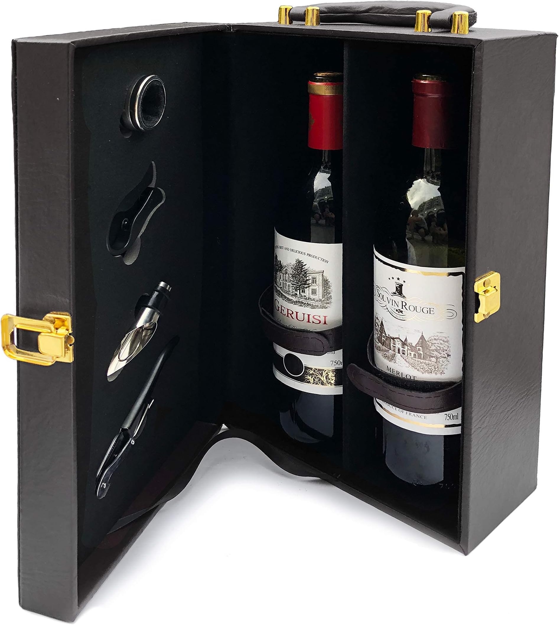 Elegant 2 Bottle Wine Box with Tools - in Black - Leather Bound with Carry Handle - Cork Screw, Pourer, Foil Cutter, Napkin/Drip Ring (Wine not Included) **Black**