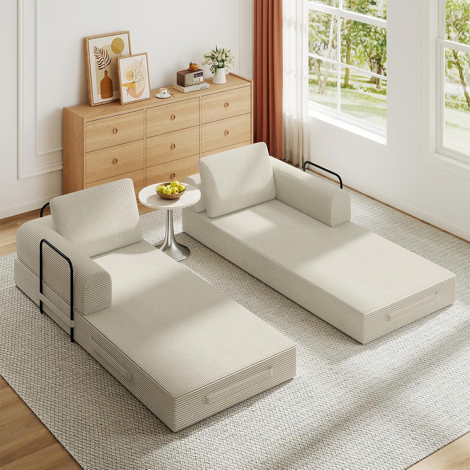 All-in-1 Folding Convertible Sofa Bed, Boneless Futon Floor Couch Corduroy Fold Out Modular Lounge Comfy Loveseat Sleeper Lazy Cama for Living Room Bedroom Guestroom, Beige（Narrow Stripes）