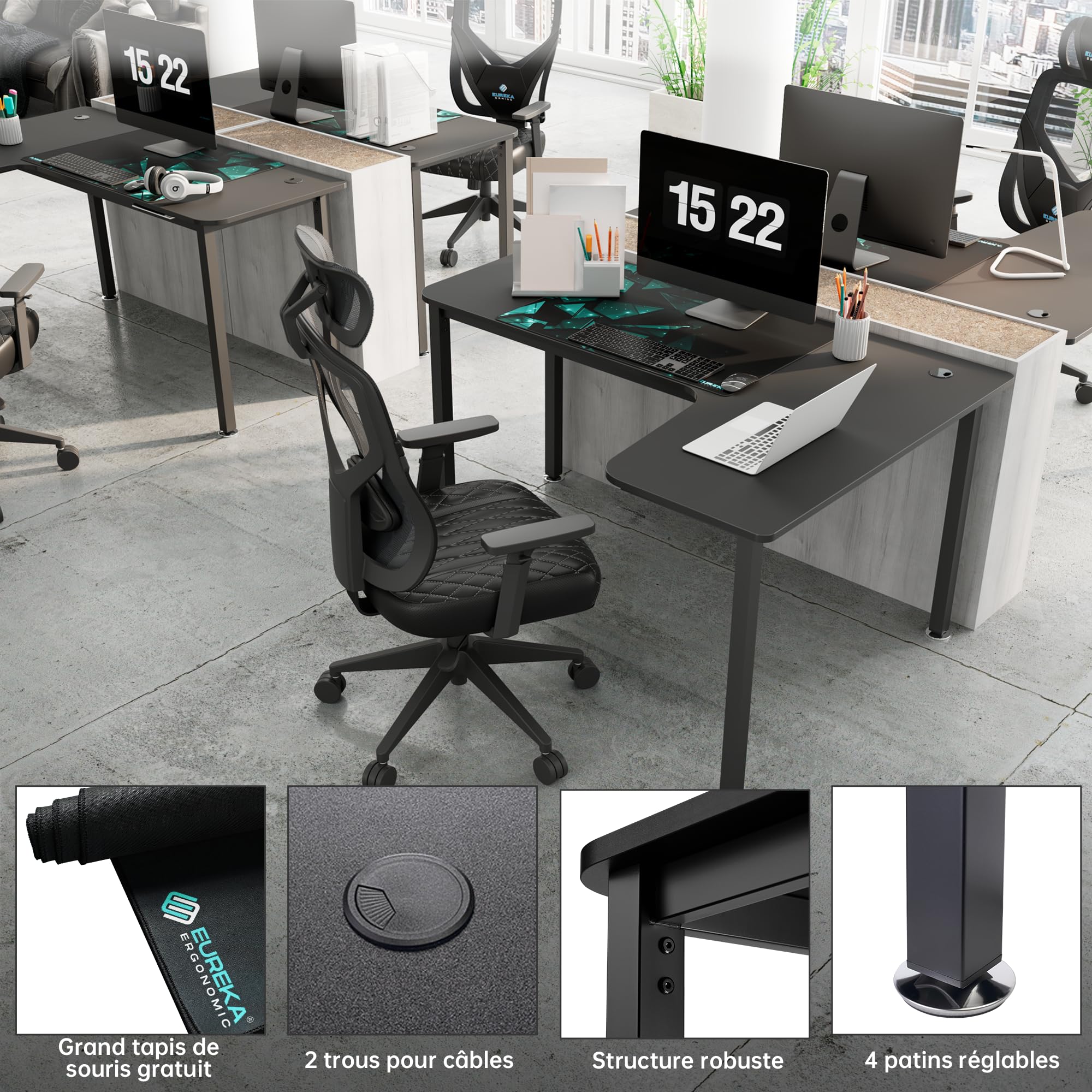 EUREKA ERGONOMIC Bureau d'angle 155x110cm Bureau Gaming Angle en Forme L Bureau Informatique d'Ordinateur avec Tapis de Souris