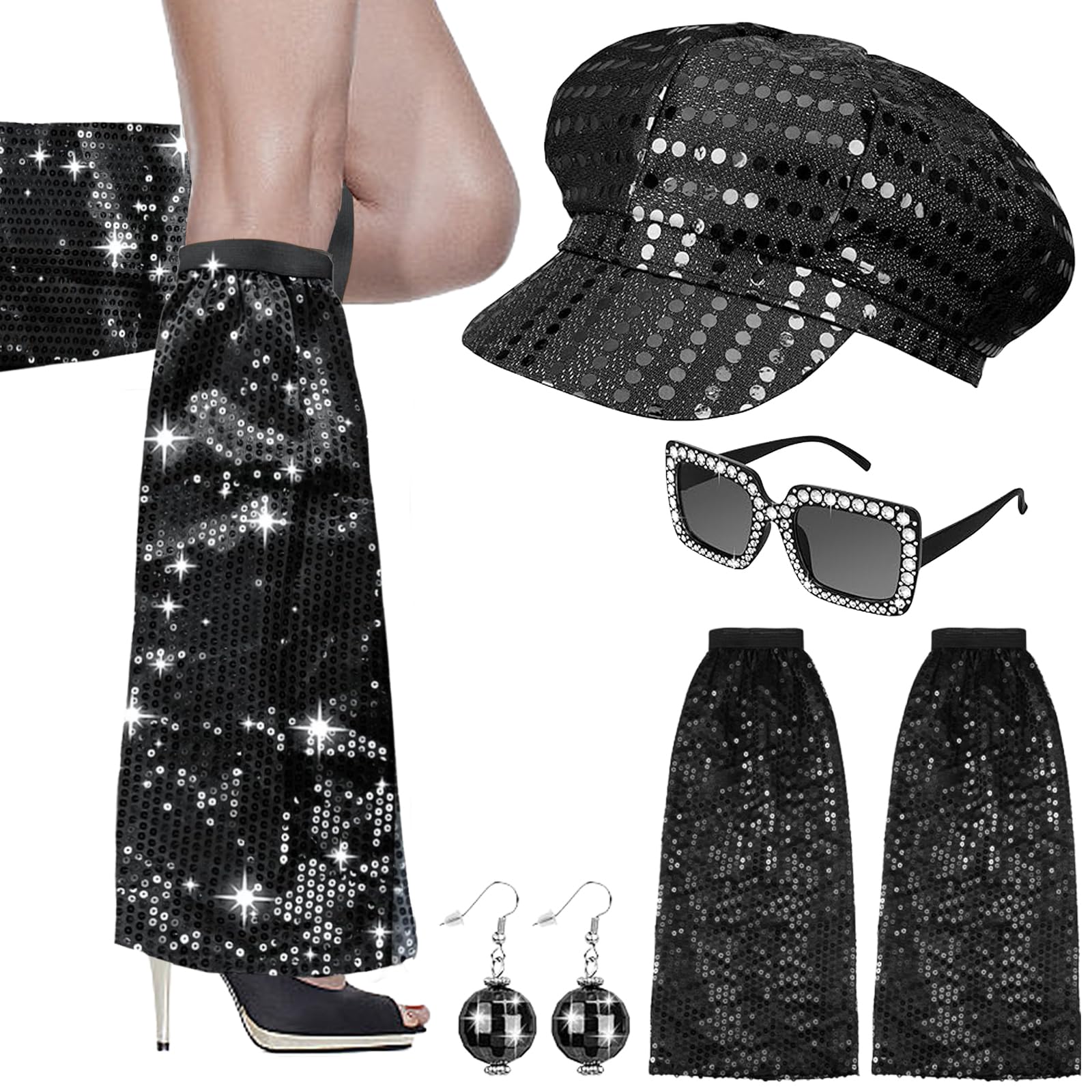 Xerteam 6Pcs 70s Disco Accessories, 70s Fancy Dress Women Accessories, Sequin Hat Frame Bling Sunglasses Earrings Leg Warmers, Disco Costume Set for Women Retro 70 Theme Party Hippie Costume (Black) — image 1
