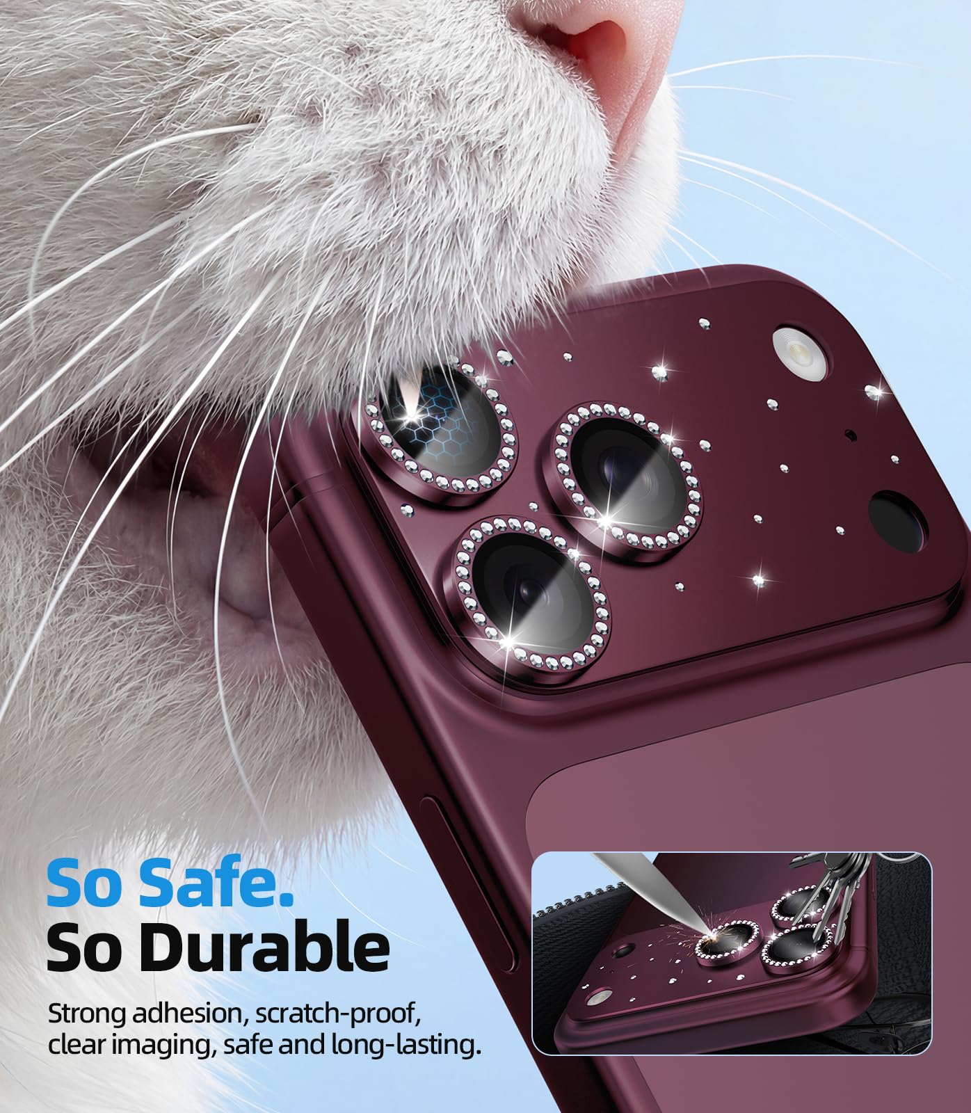 HelloDeere Protection d'objectif d'appareil photo pour iPhone 17 Pro Max, pas facile à casser, ultra brillant, rond, diamant, en verre trempé, cadre en métal, coque d'appareil photo pour iPhone 17 Pro