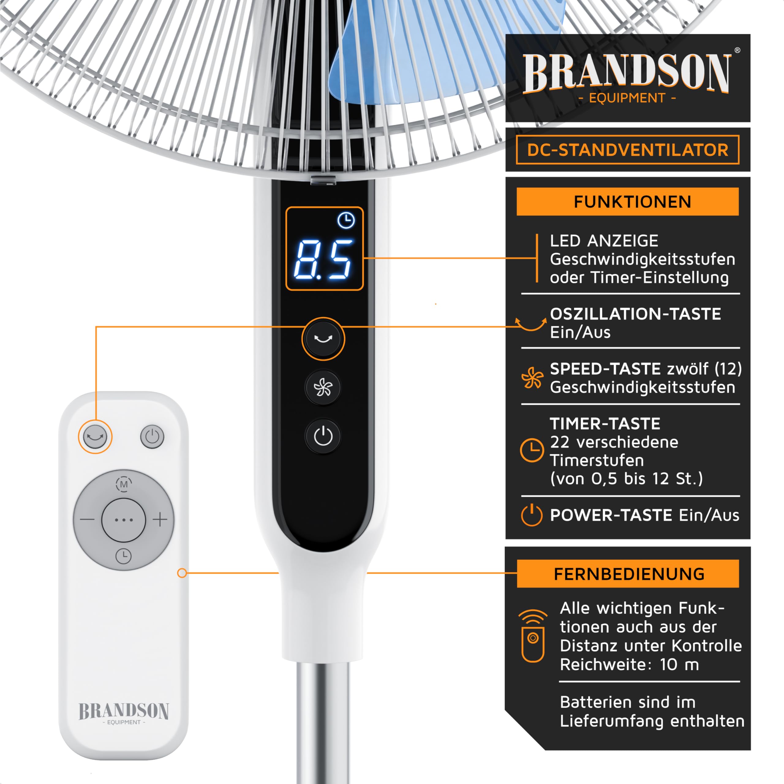 Brandson - DC Standventilator energiesparend ECO - Fernbedienung - Brushless Silent Motor, sehr leise – Preisträger 2026 - Oszillation - Ventilator Timer – 12 Stufen - LED Display