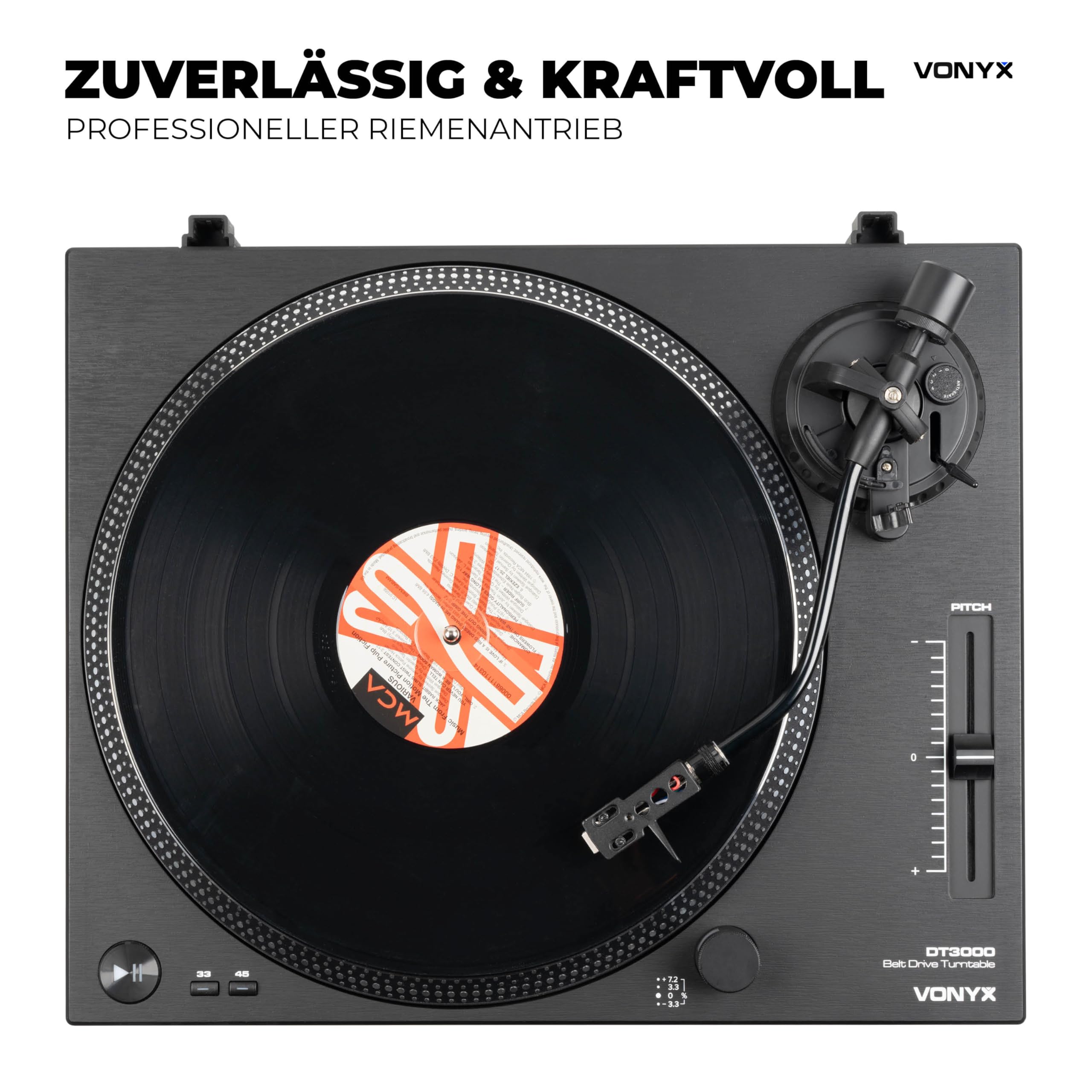 Vonyx DT3000 - DJ Plattenspieler mit Riemenantrieb - Automatik Schallplattenspieler mit integriertem Vorverstärker, S-Tonarm, Record Player inkl. AT3600 Tonabnehmer, USB-Digitalisierung - Schwarz