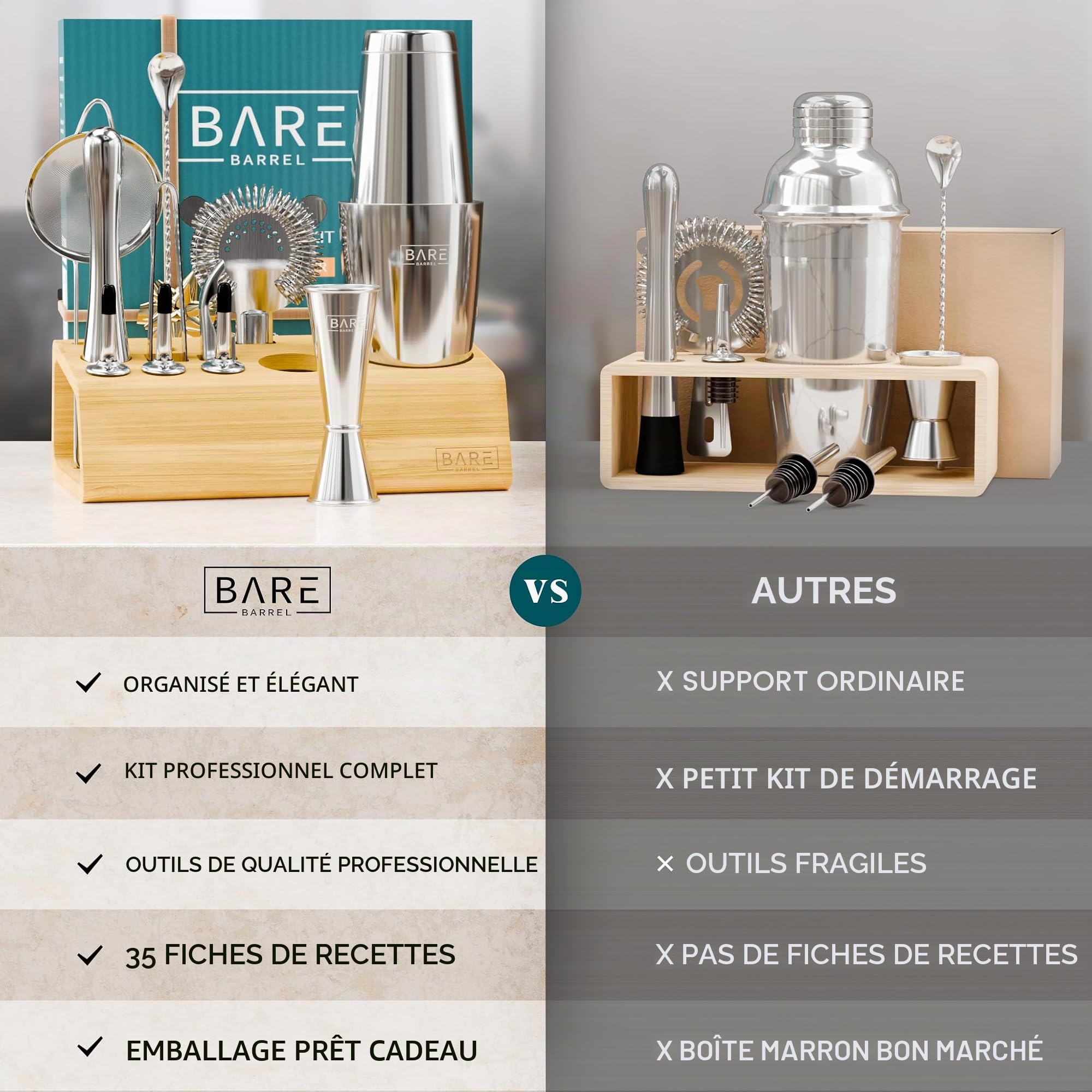 Kit de cocktail Pro | Kit de barman Mixology | Ensemble de 14 shaker à cocktail | Accessoires Martini Home Bartending Bar | Avec 35 cartes de recettes | Coffret cadeau (800 ml/28 oz Boston Shaker