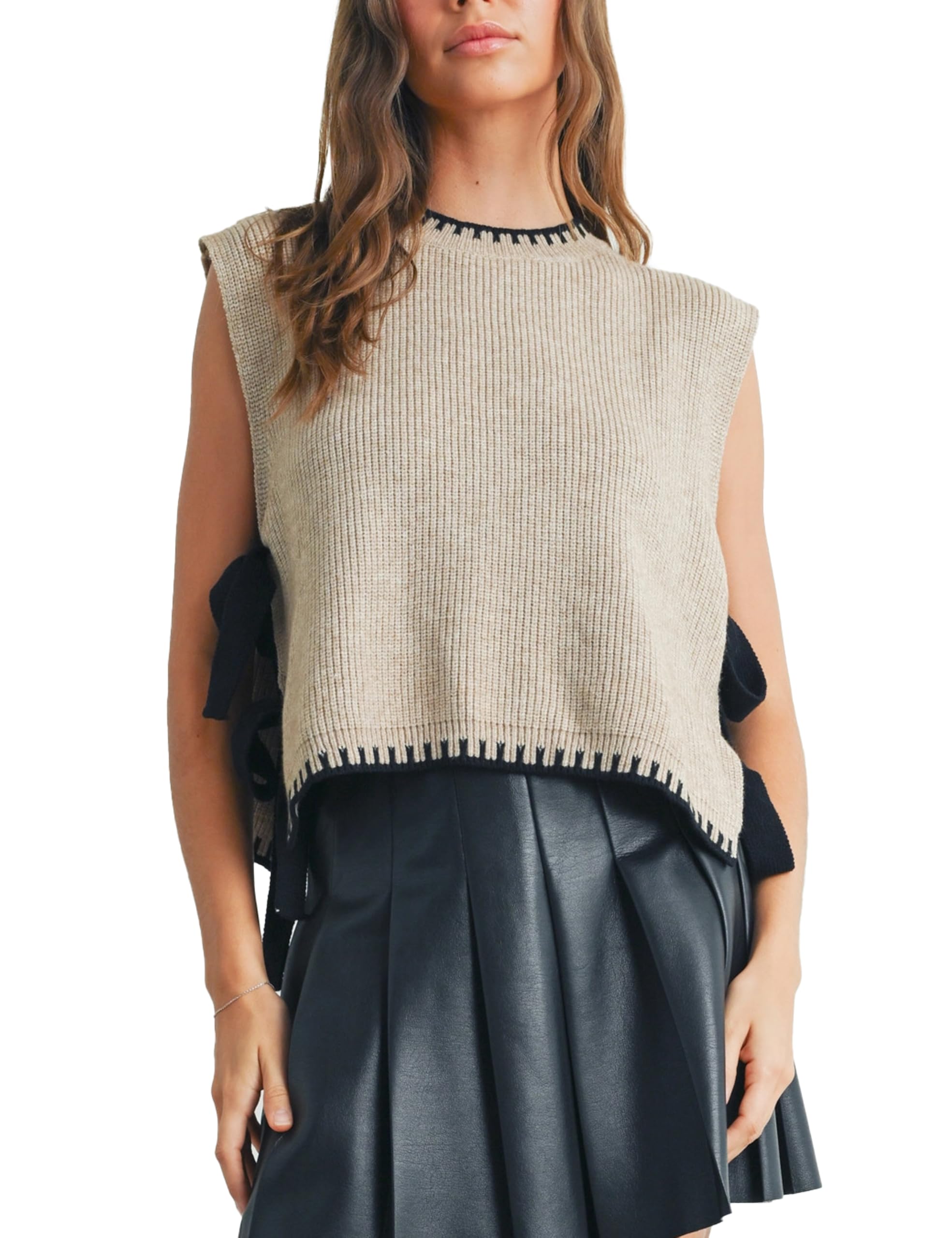 Women Mock Neck Crochet Sweater Vest Sleeveless Tie Knot Slit Tank Knit Tops Lightweight Casual Pullover Clothes