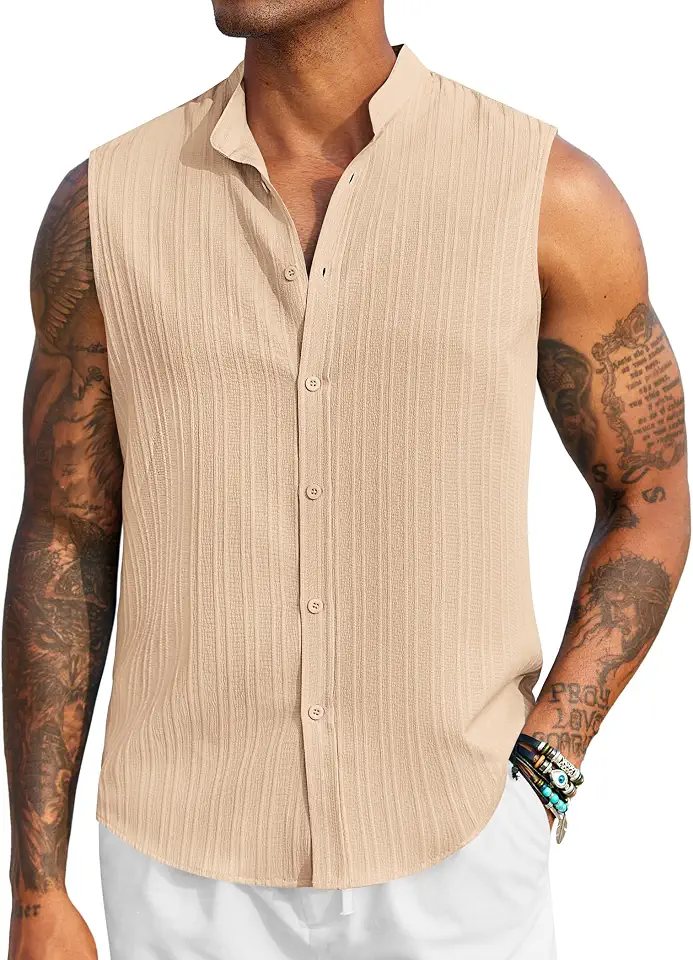 COOFANDY Sleeveless Button Textured Vacation