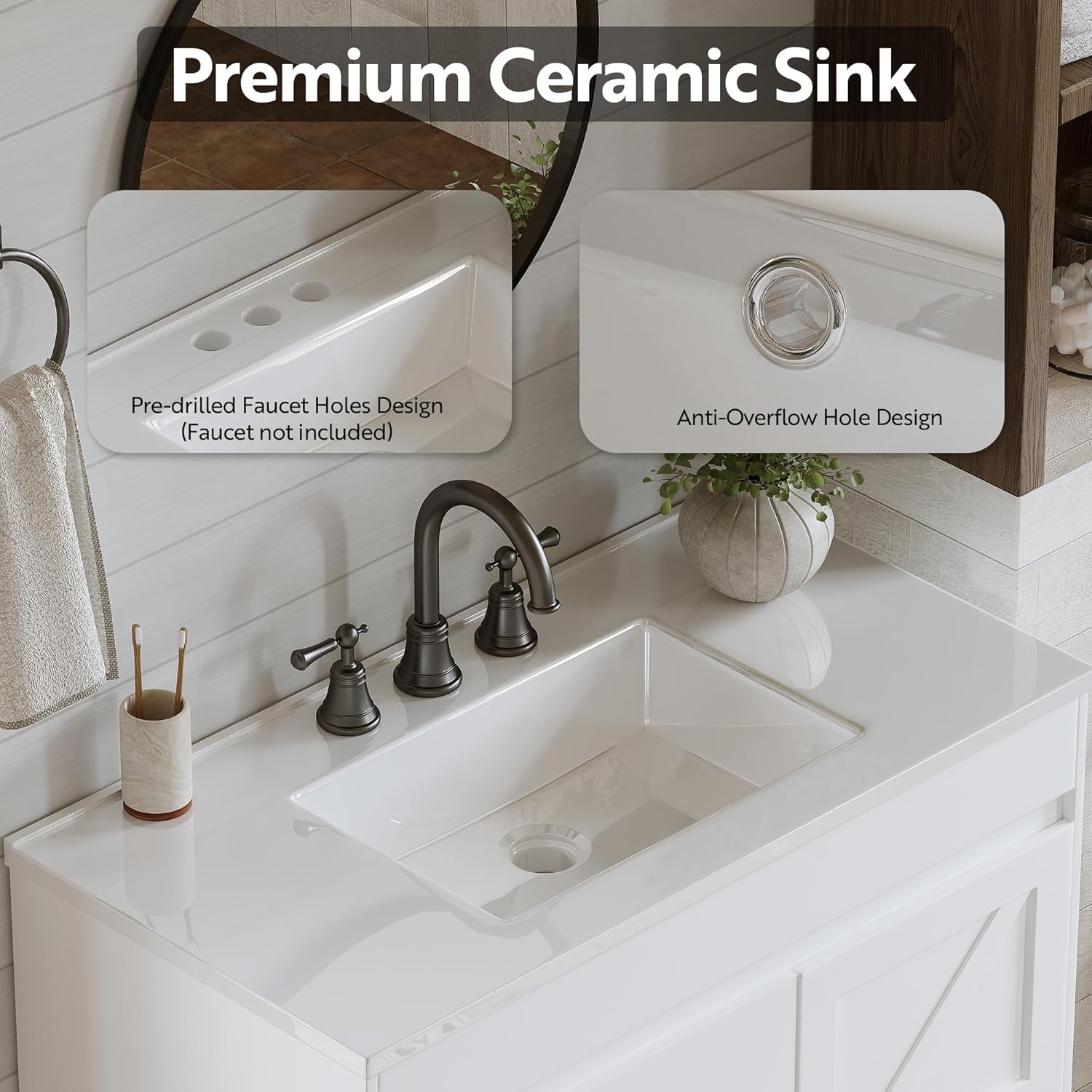 HOPUBUY 37" Bathroom Vanity with Ceramic Sink,Farmhouse Bathroom Storage Cabinet with 2 Drawers and 2-Tier Cabinet,Freestanding Under Sink Cabinet Modern Bathroom Vanities for Small Space, White