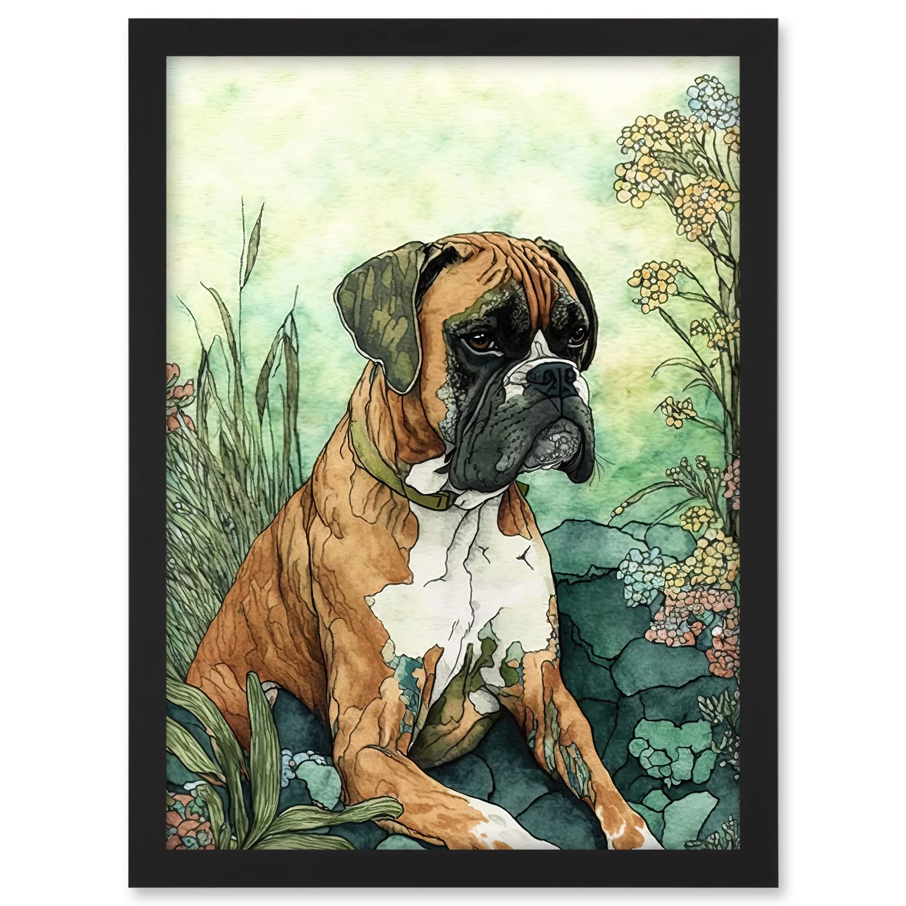 Artery8 Boxer Dog in Flower Field Colourful Watercolour Illustration Artwork Framed A3 Wall Art Print