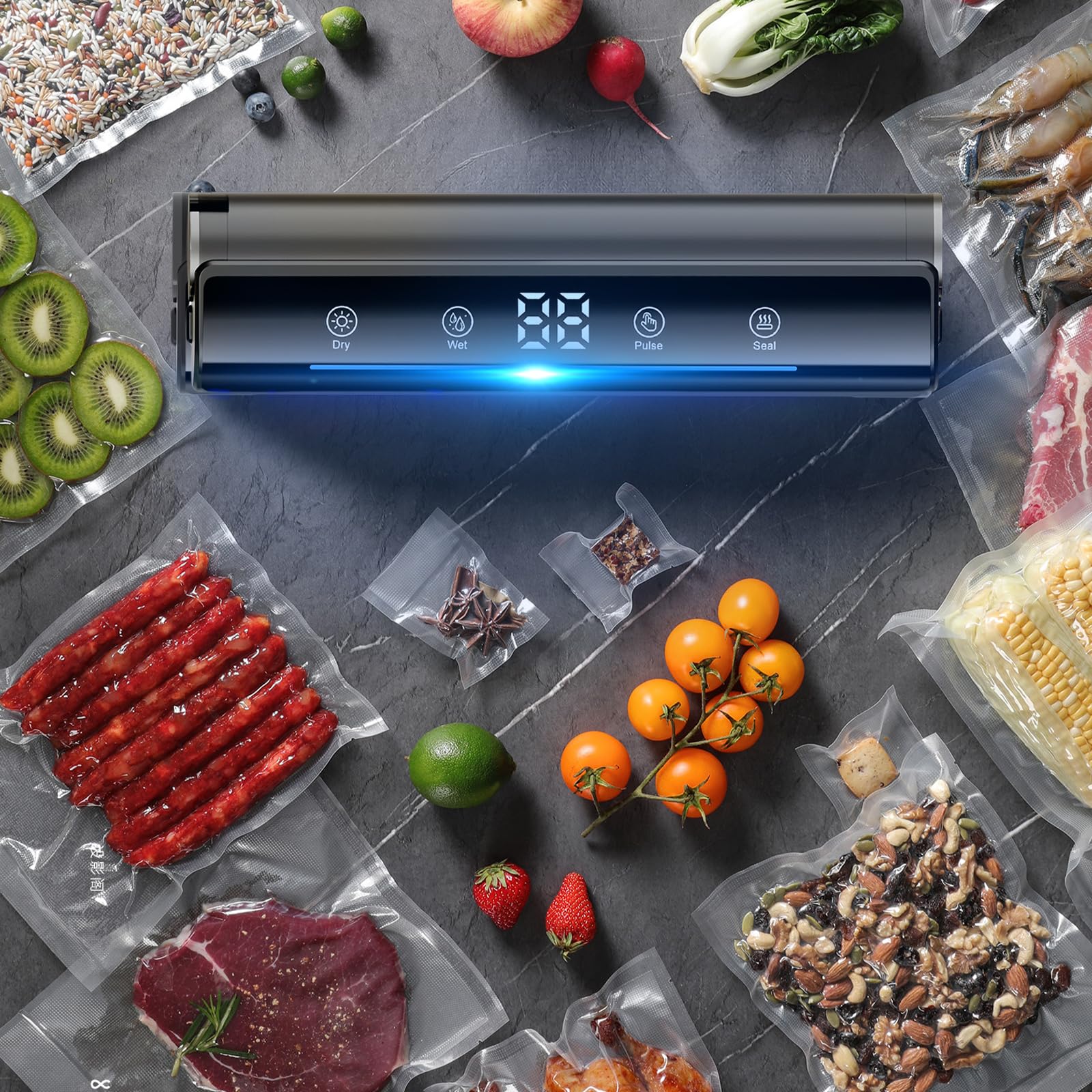 Macchina Sottovuoto Alimenti, 8 in 1 Per il Controllo Della Temperatura Degli, Taglierina Integrata e Indicatore LED Visibile Per Mantenere la Freschezza di Alimenti Secchi e Umidi con 10 Borsa