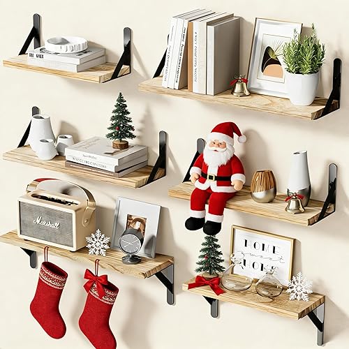 AMADA HOMEFURNISHING Juego de 6 estantes de pared, estilo rústico de granja, estantes flotantes de madera para decoración de pared, almacenamiento