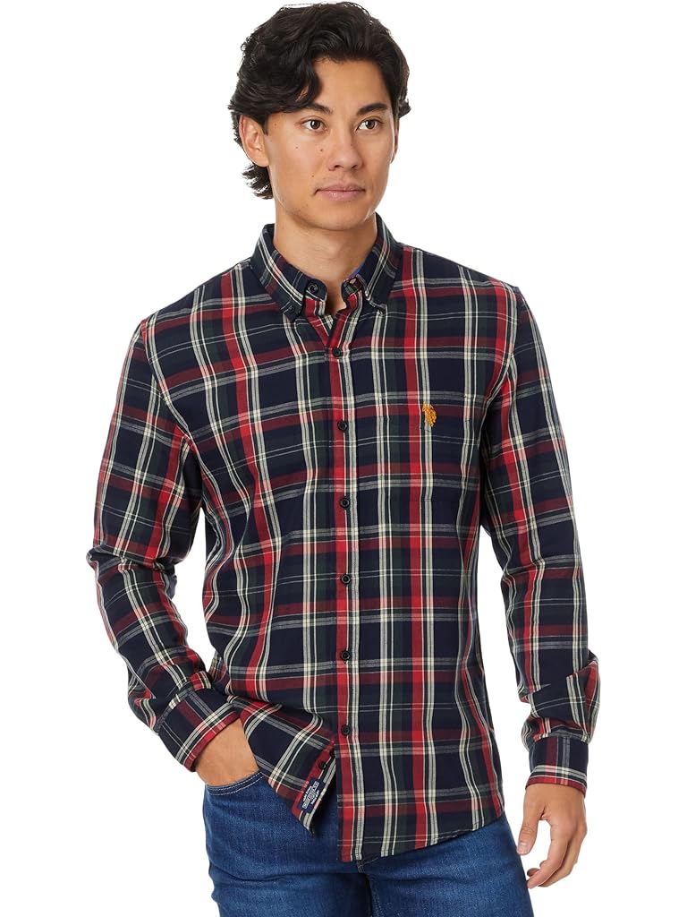 U.S. POLO ASSN. Long Sleeve Classic Fit 1 Pocket Yarn Dye Peached Twill Navy/ Red Plaid Woven Shirt