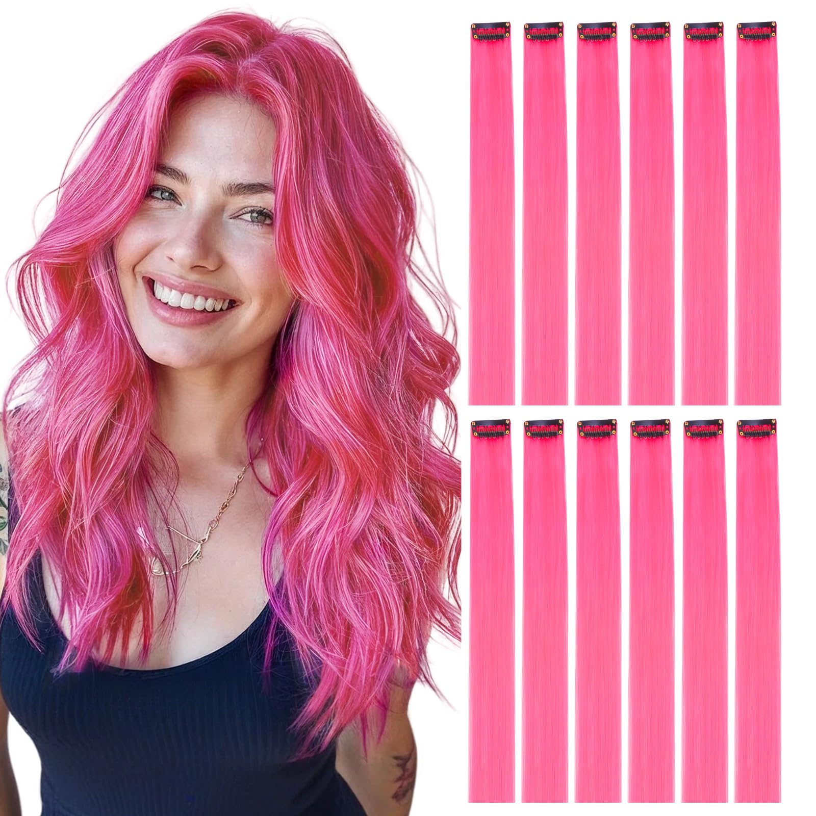 DOORES 12 Pcs Colored Hair Extensions, 22 Inch Hot Pink Hair Extensions Clip in Synthetic Hair Party Highlights Hair Pieces for Women Fashion Scene