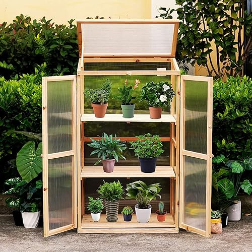 Miniatura 5 de Invernadero de madera con marco frío de 3 niveles para jardín mini cuarto de bebé maceta ventilada armario de flores portátil apertura frontal