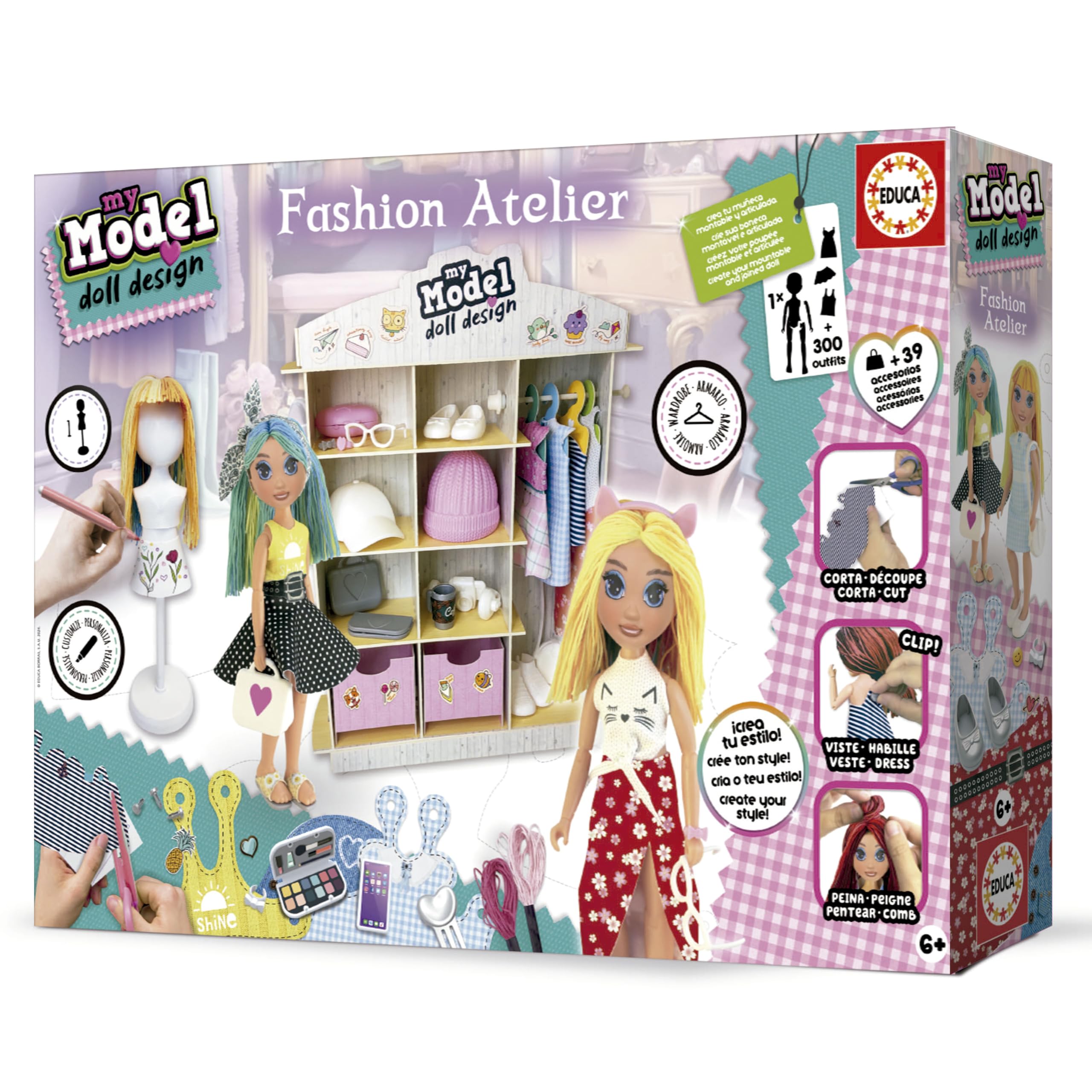 Educa - My Model Doll Design Fashion Atelier | CREA más de 300 increíbles Looks Distintos. Muñeca articulada, péinala, Corta la Tela y vístela. Incluye maniquí y Armario (19350)