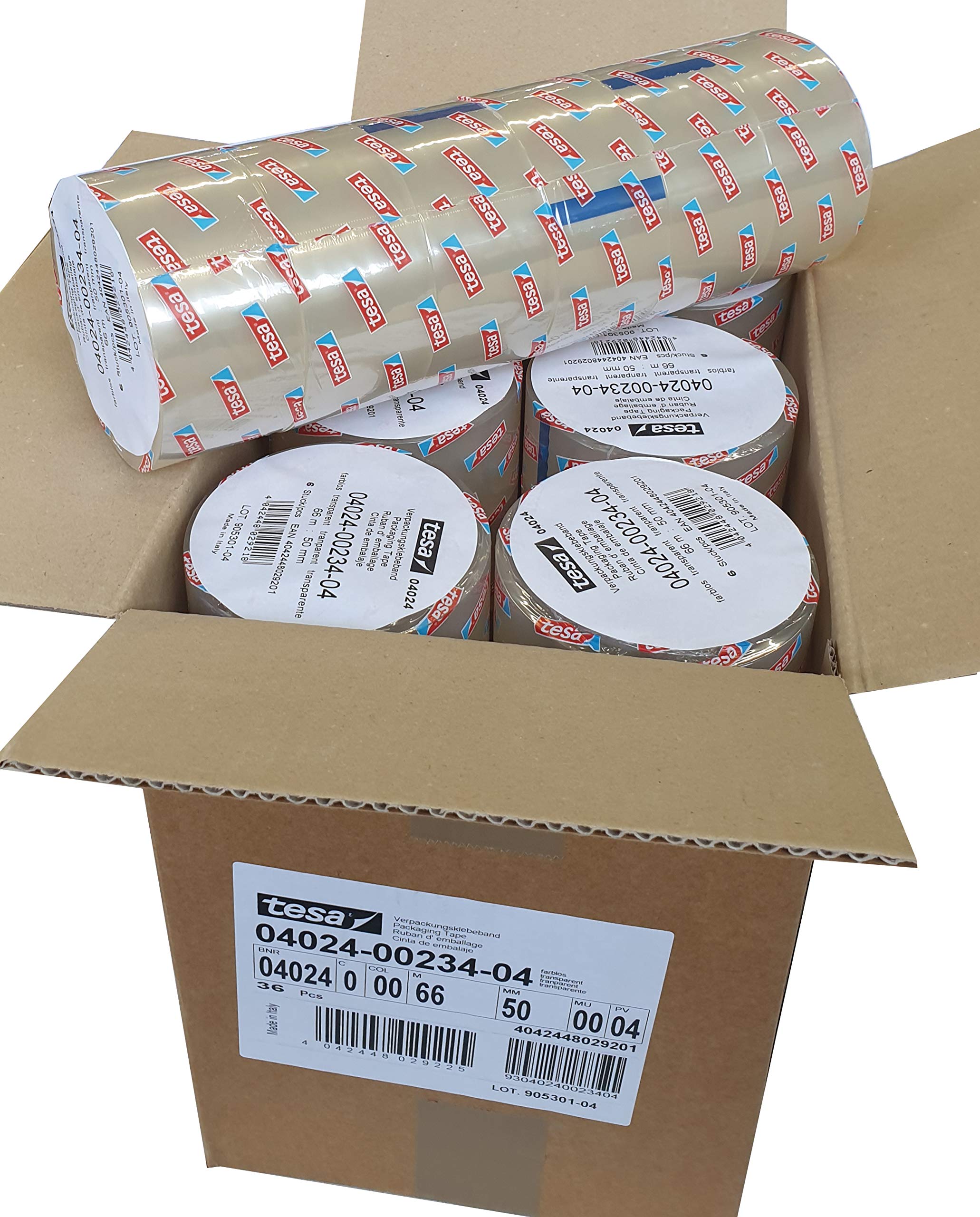 Tesa 4024 Bänder zum Verschließen von Kartons, PP Halter, Acryl-Emulsion, Wasserabweisend, 52 μm, 66 m x 50 mm, transparent, 36 Stück