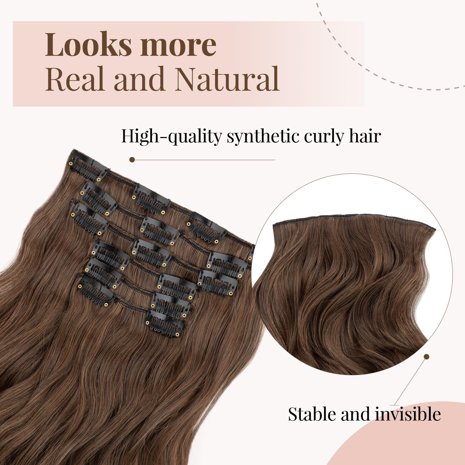 TESS Curly Hair Extensions Clip in 22 Inch 6PCS 16 Clips Heat Resistant Synthetic Wig Tangle-Free Double Weft Hair Pieces for Women UK 150g #2/30 Mix Dark Brown & Light Auburn - Image 2