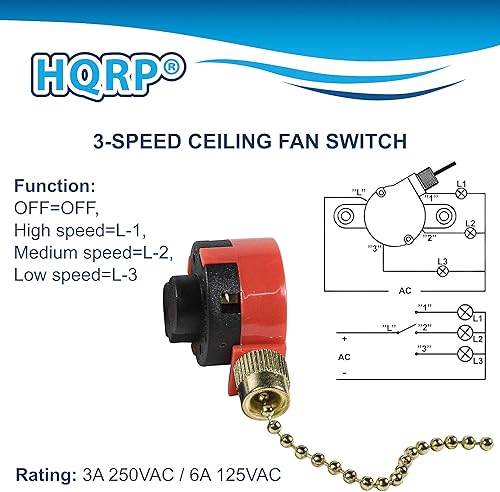 Miniatura 3 de HQRP Interruptor de 3 velocidades de 4 cables compatible con Hunter, Hampton Bay, Harbor Breeze, Westinghouse - Interruptor de cadena de tracción