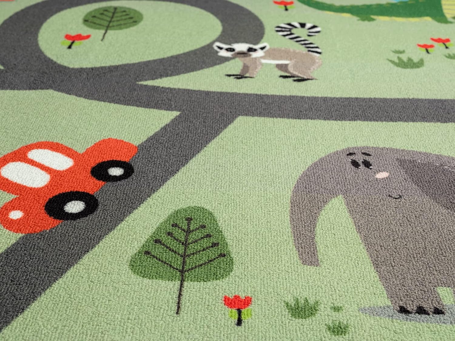 Mia´s Teppiche Joy Kids - Kinderzimmer, Kinderteppich, Spielteppich, Straßenteppich, Dschungel, Straße, Tiere, Grün, 160 x 220 cm