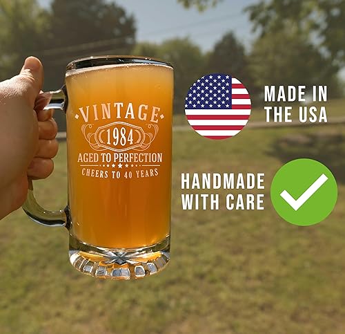 Miniatura 4 de Taza de cerveza de vidrio con estampado de oro rosa vintage de 1984 de 16 onzas, regalos de feliz cumpleaños para hombres y mujeres, saludos a 30