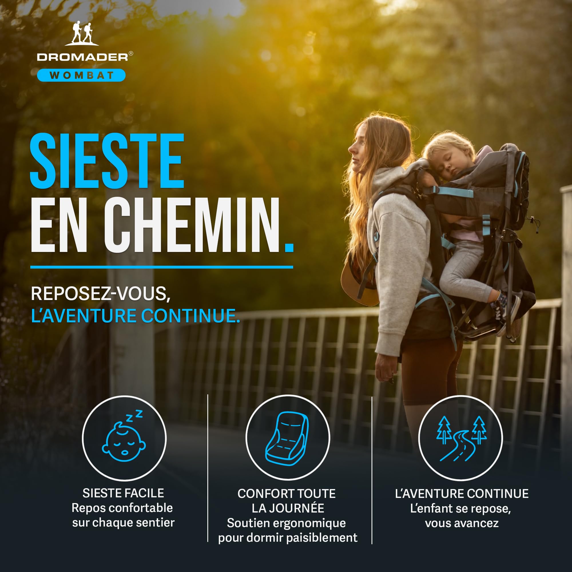 DROMADER Porte-Bébé Randonnée - Sac à Dos Porte Bébé Confortable Dorsal jusqu'à 22kg avec Pare-Soleil, Protection Pluie, Poche Isolante, Matelas à Langer - Cadre Pliable à Une Main - Noir et Bleu