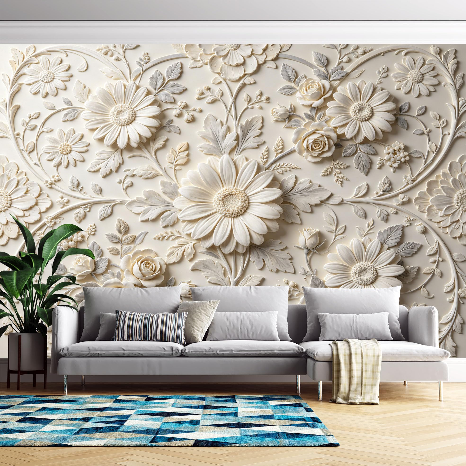 Papier peint floral imitation gaufré en intissé haut de gamme blanc 3D