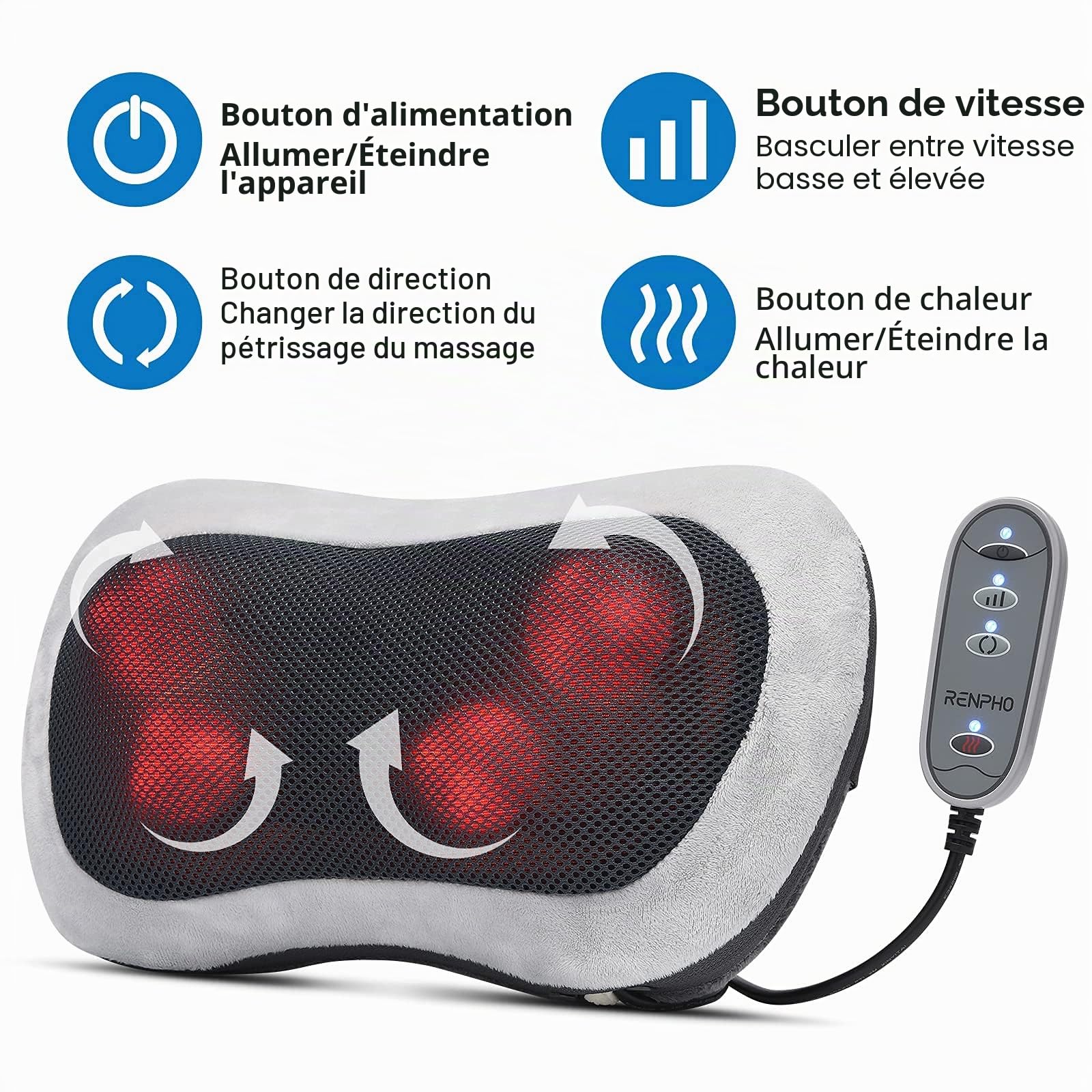 RENPHO coussin de massage avec fonction chauffante, masseur de Dos shiatsu avec malaxage en tissus profonds pour Cou, Dos et Épaules, cadeau de relaxation pour maman, papa