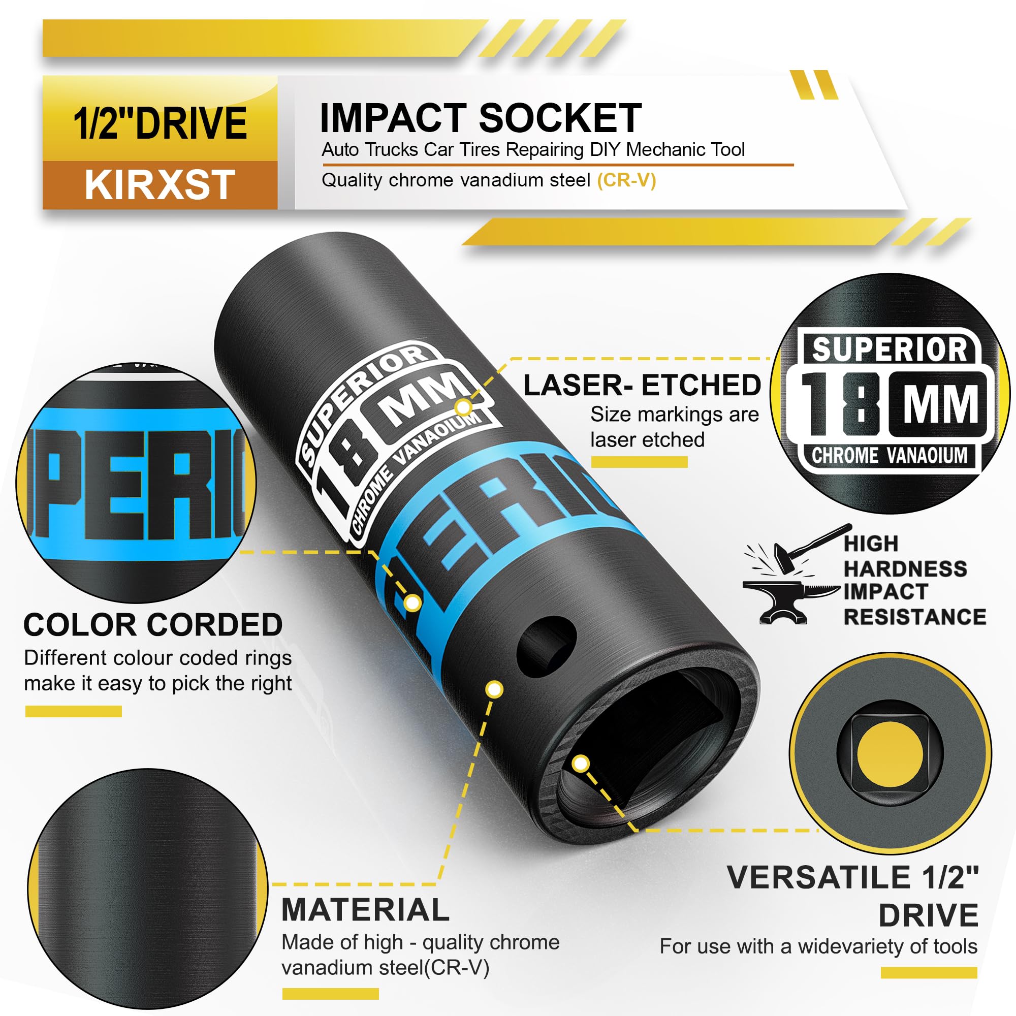 KIRXST 1/2" Drive 18mm Deep Impact Socket, 6 Point CR-V Deep Socket, 78mm Length, Auto Trucks Car Tires Repairing DIY Mechanic Tool - Image 4