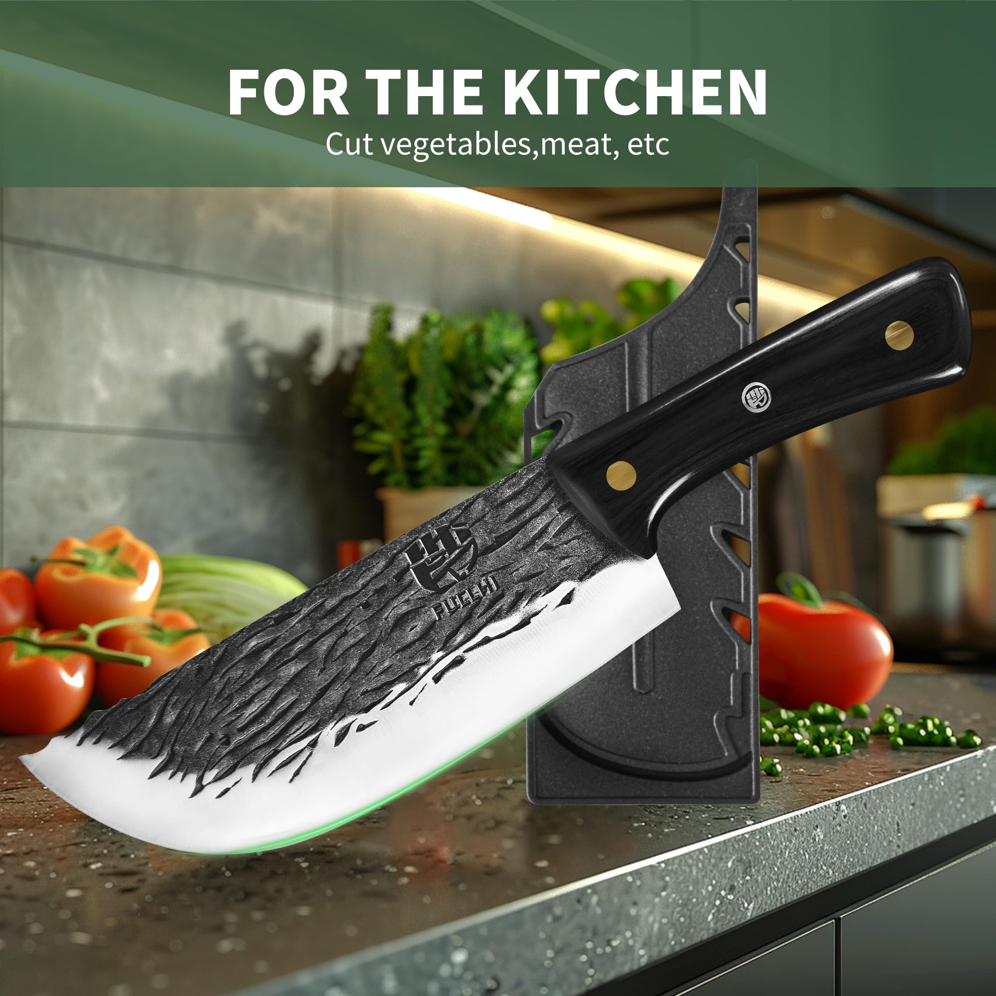FULLHI Couteau de boucher à manche en bois avec étui, acier à haute teneur en carbone pour trancher la viande pour le camping et le barbecue (Noir, Couteau de chef)