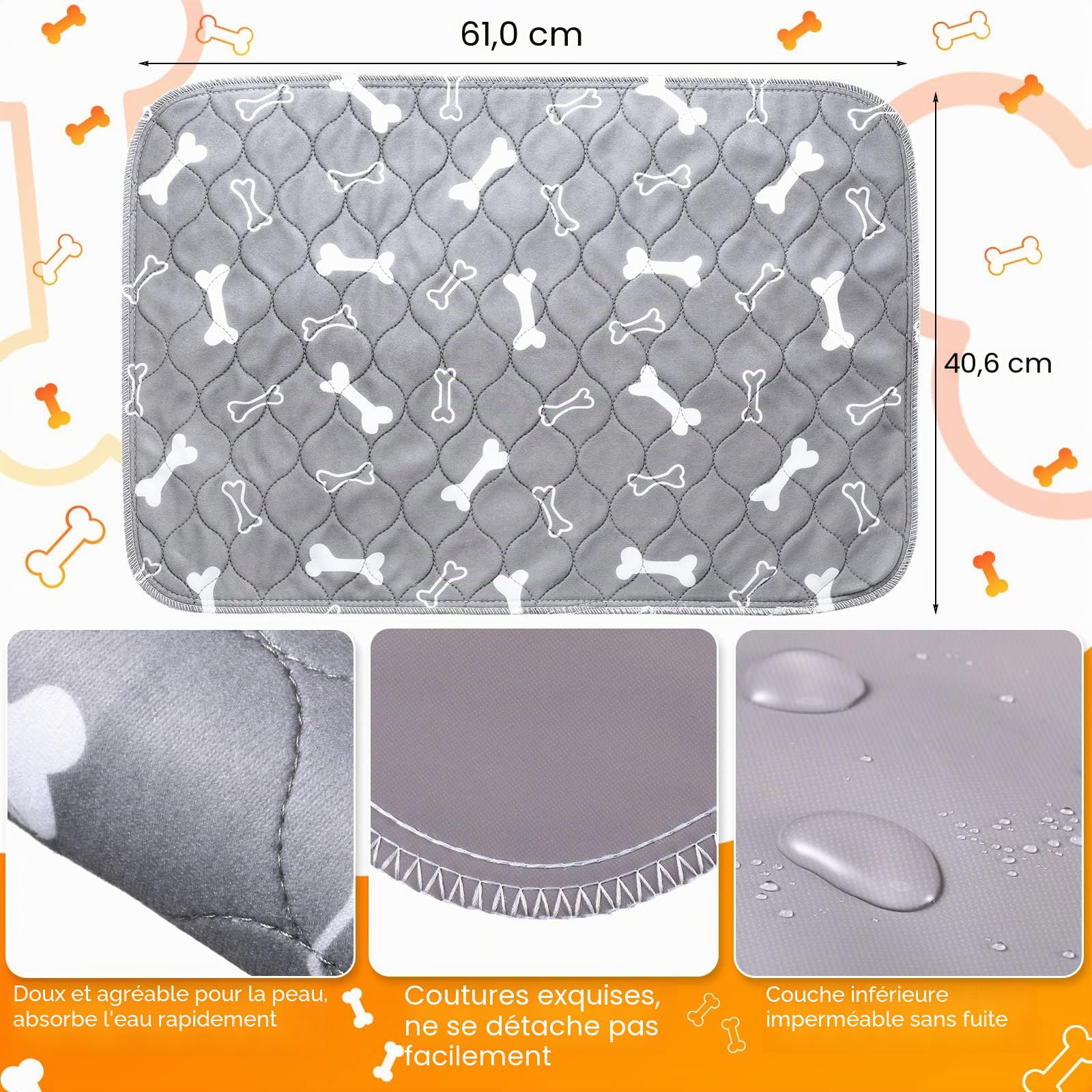 6 Tapis Pipi Absorbants Lavables Tapis de Dressage Réutilisables Tapis Imperméables en Couches Coussinets de Mise Bas en Tissu Tapis d'Entraînement pour Chien Animaux (Gris, 40 x 60 cm)
