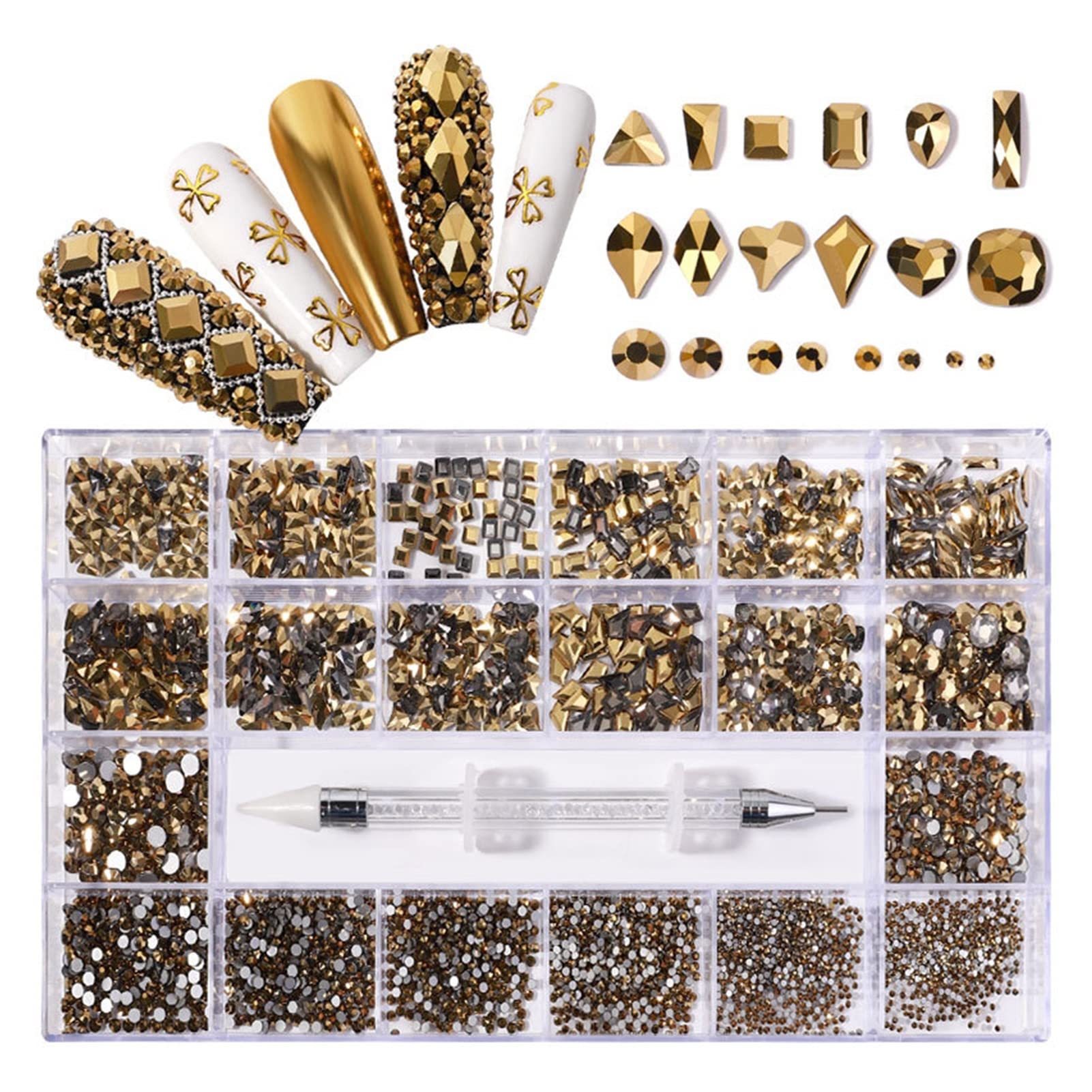 Generico yaoqijie 1 Scatola di 2800 Lussuoso Kit Decorazione di Strass for Nail Art Kit 3D in Lega Glamour Unghie diamantato con Unghie cristallina Mista con 1 Penna Lasting (Color : Mine Gold)